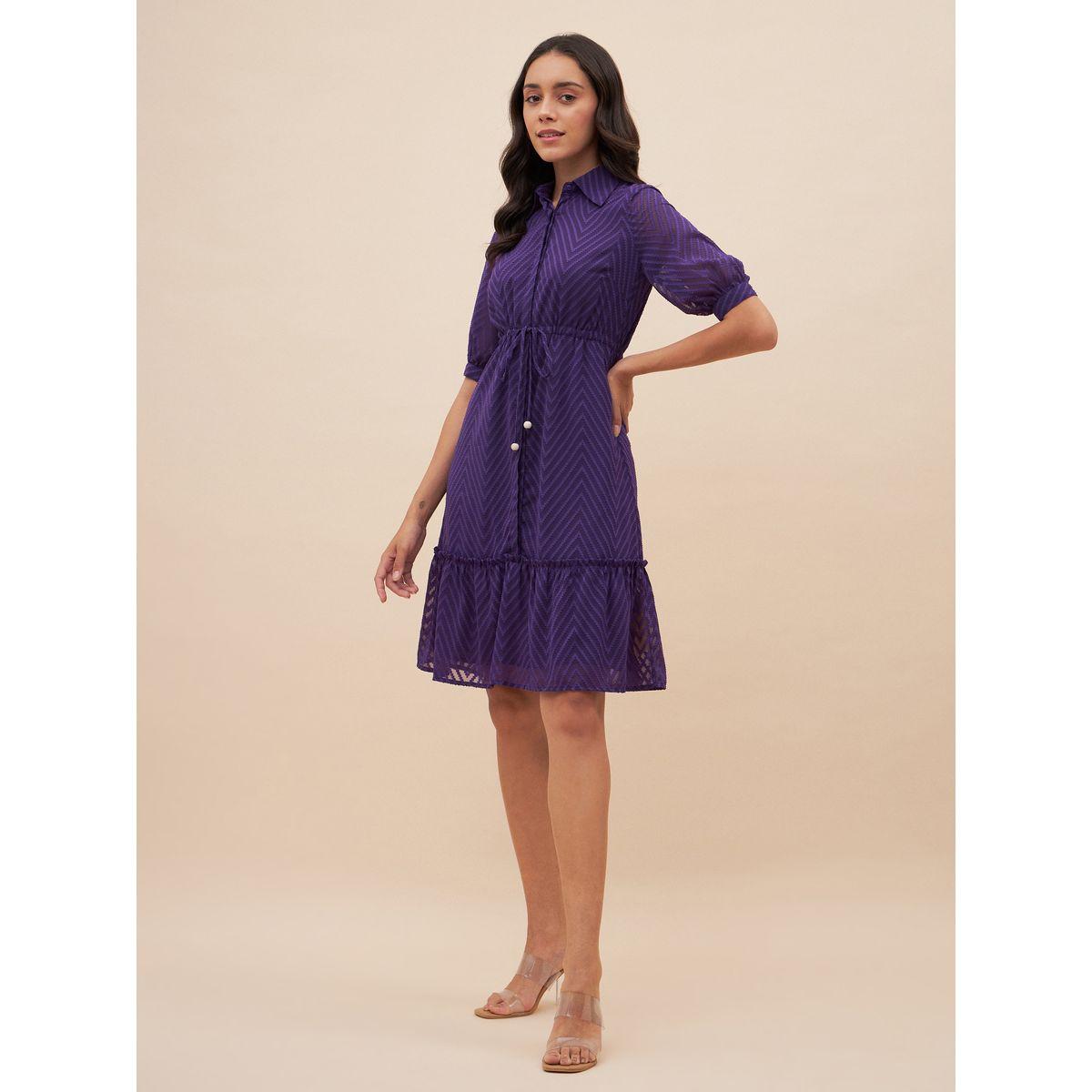 Femmella X Styli  Chevron Dobby Drawstring Detail Knee Length Dress-women-clothing-dresses-image-2