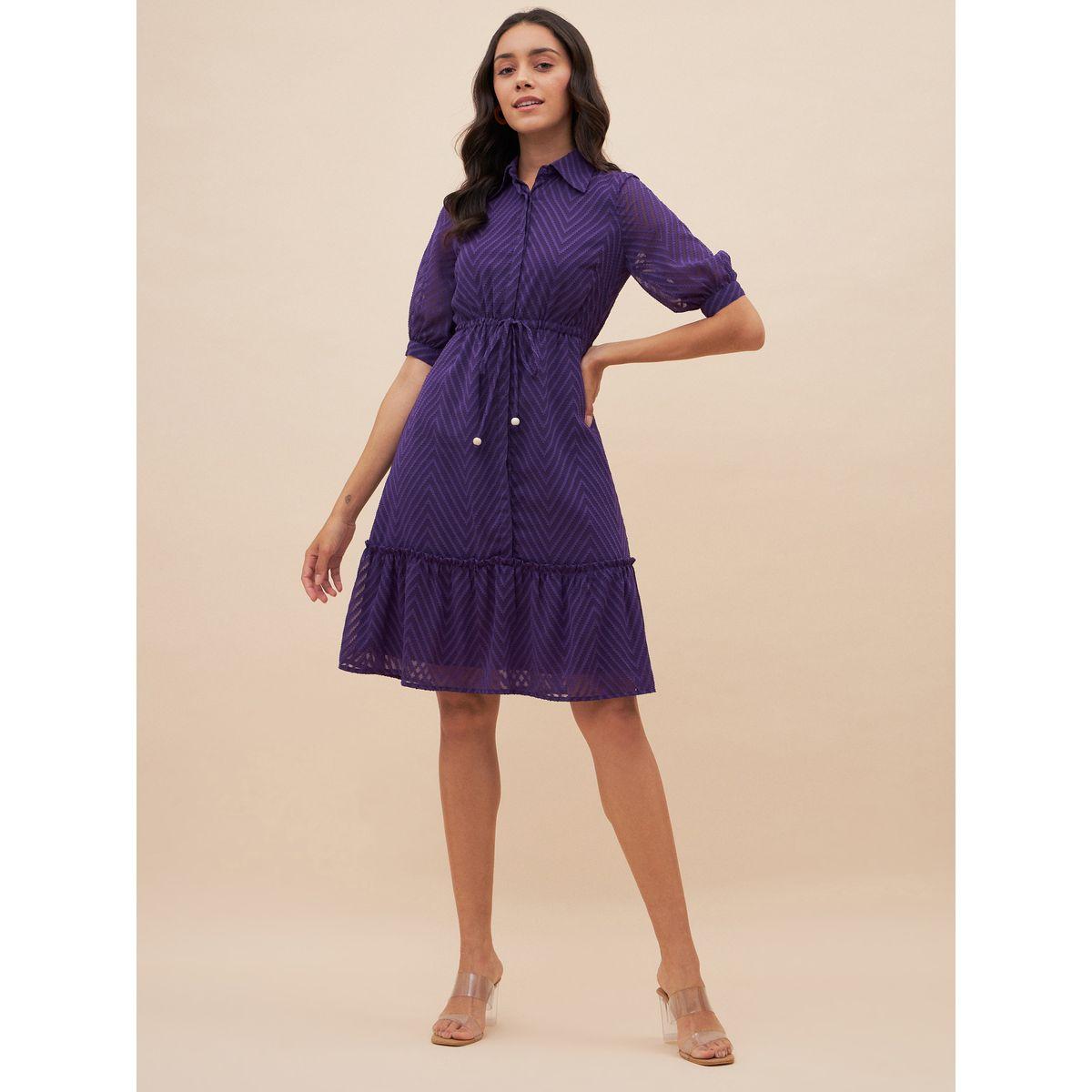 Femmella X Styli  Chevron Dobby Drawstring Detail Knee Length Dress-women-clothing-dresses-image-5