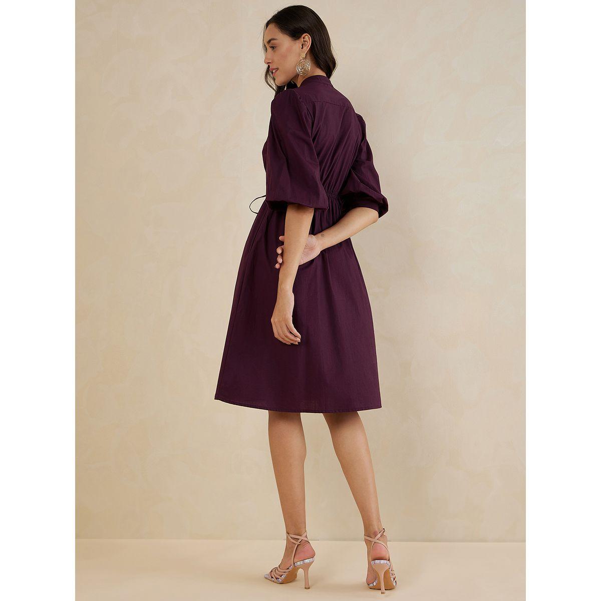 Femmella Mandarin Collar Knee Length Dress with Drawstring-women-clothing-dresses-image-3