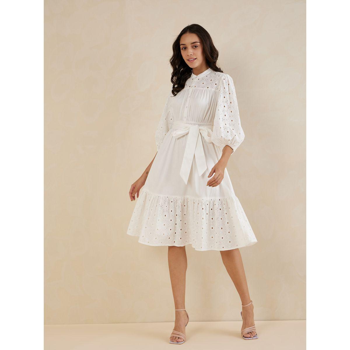 Femmella Schiffli Cotton Tiered Midi Dress with Tie Belt-women-clothing-dresses-image-1