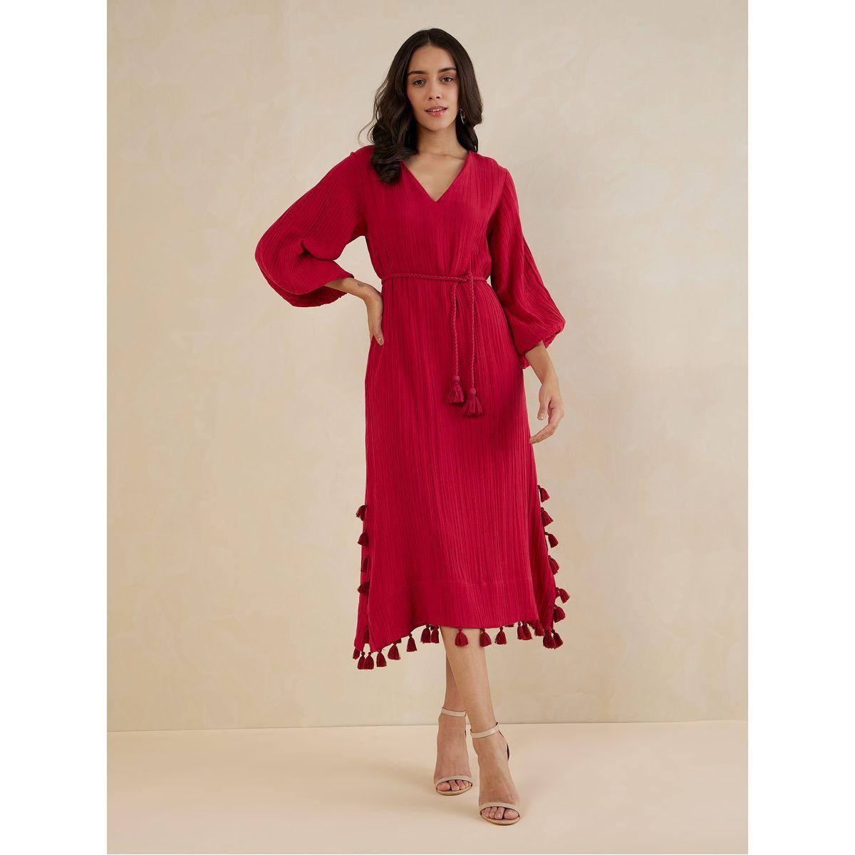 Femmella Tassel Detail Textured Midi Dress with Tie Belt-women-clothing-dresses-image-1