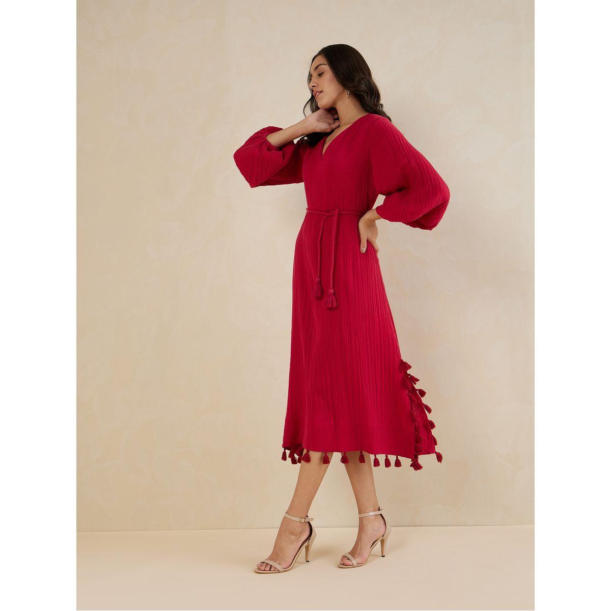 Femmella Tassel Detail Textured Midi Dress with Tie Belt-women-clothing-dresses-image-2