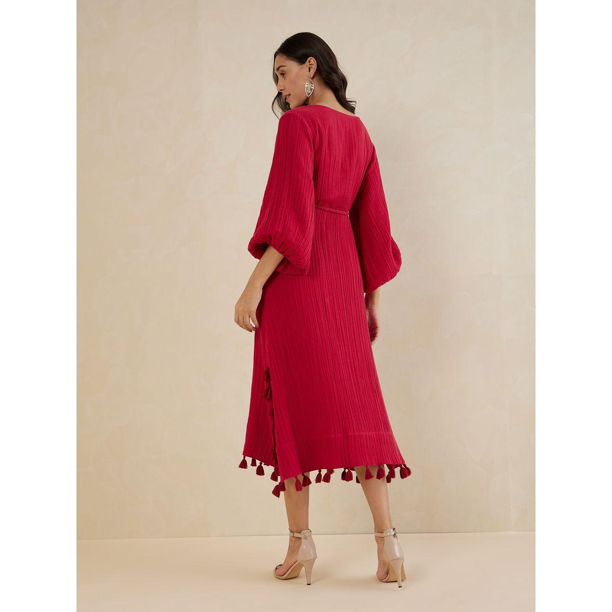 Femmella Tassel Detail Textured Midi Dress with Tie Belt-women-clothing-dresses-image-3
