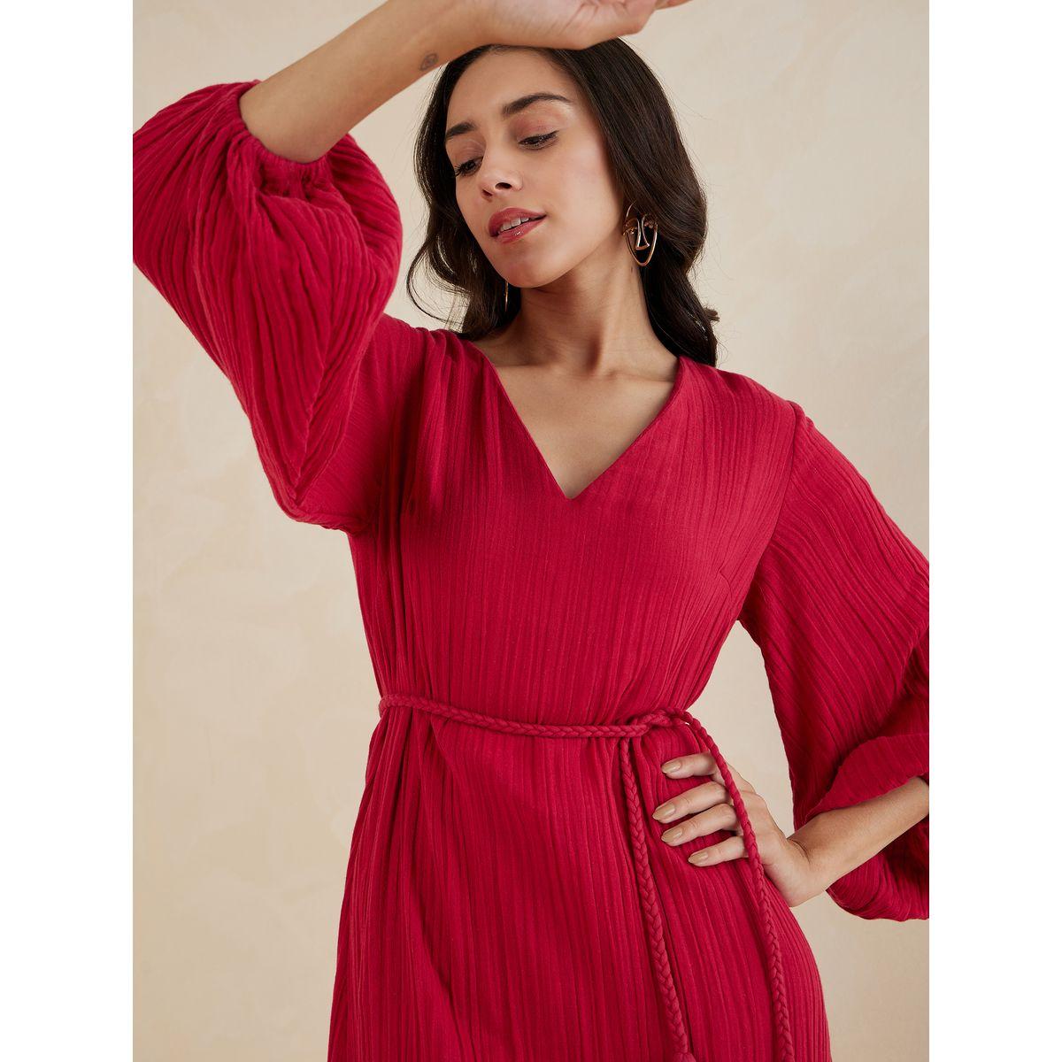 Femmella Tassel Detail Textured Midi Dress with Tie Belt-women-clothing-dresses-image-4