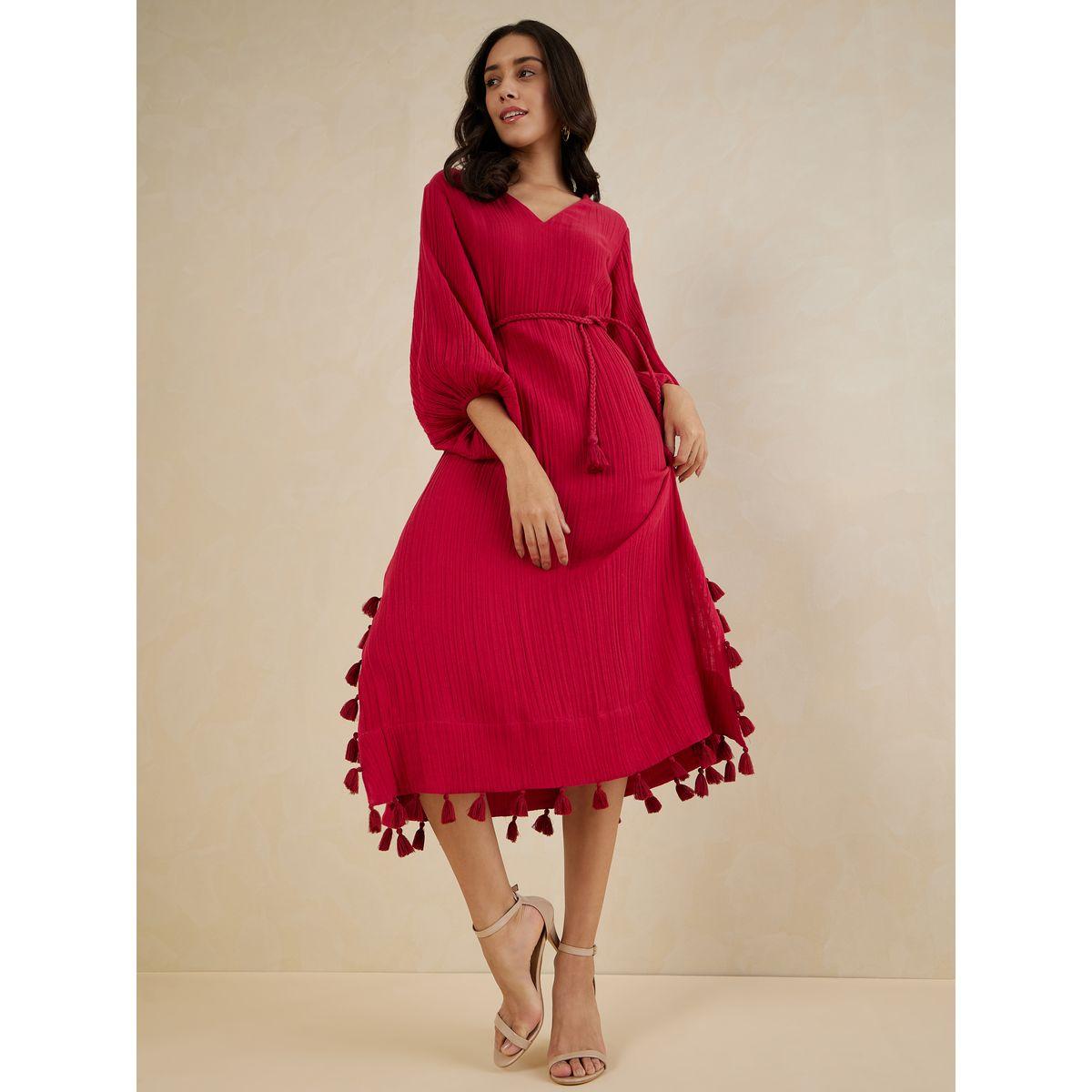 Femmella Tassel Detail Textured Midi Dress with Tie Belt-women-clothing-dresses-image-5