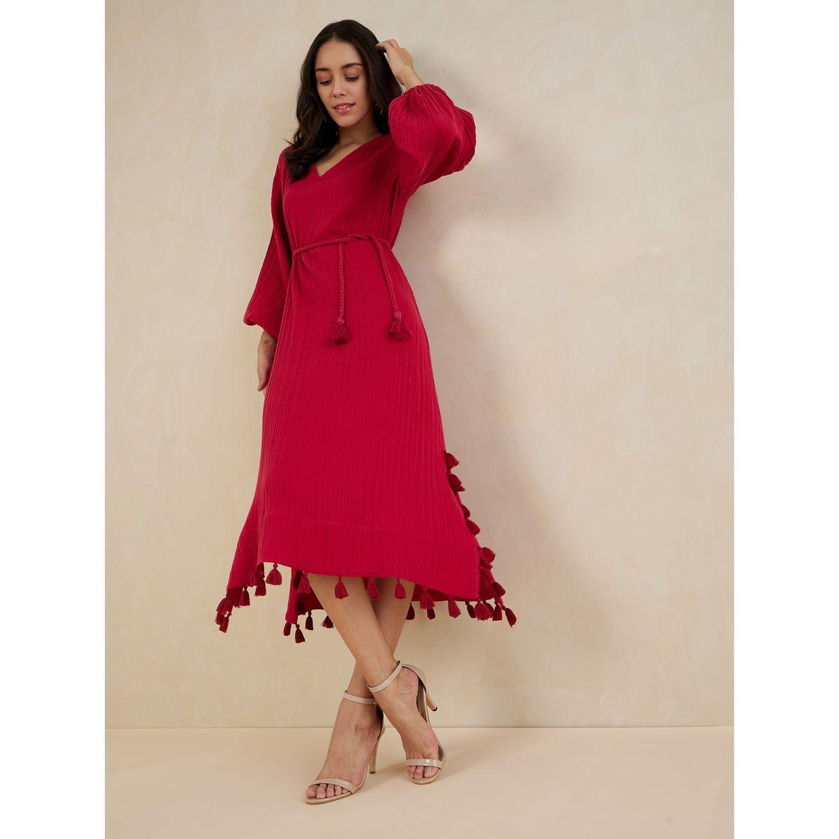 Femmella Tassel Detail Textured Midi Dress with Tie Belt-women-clothing-dresses-image-6