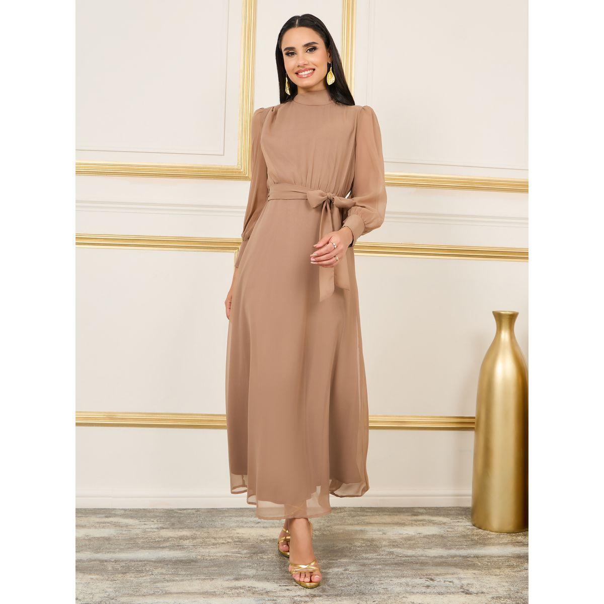 Styli Solid High Neck Self Tie Up A-Line Maxi Dress-women-clothing-dresses-image-1