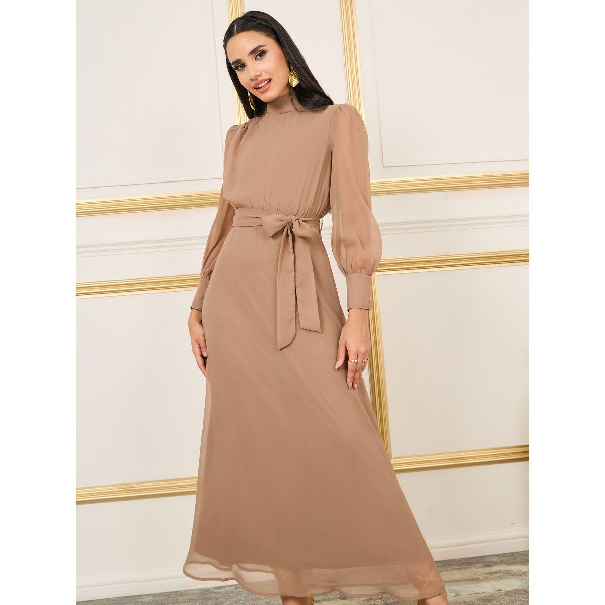 Styli Solid High Neck Self Tie Up A-Line Maxi Dress-women-clothing-dresses-image-2