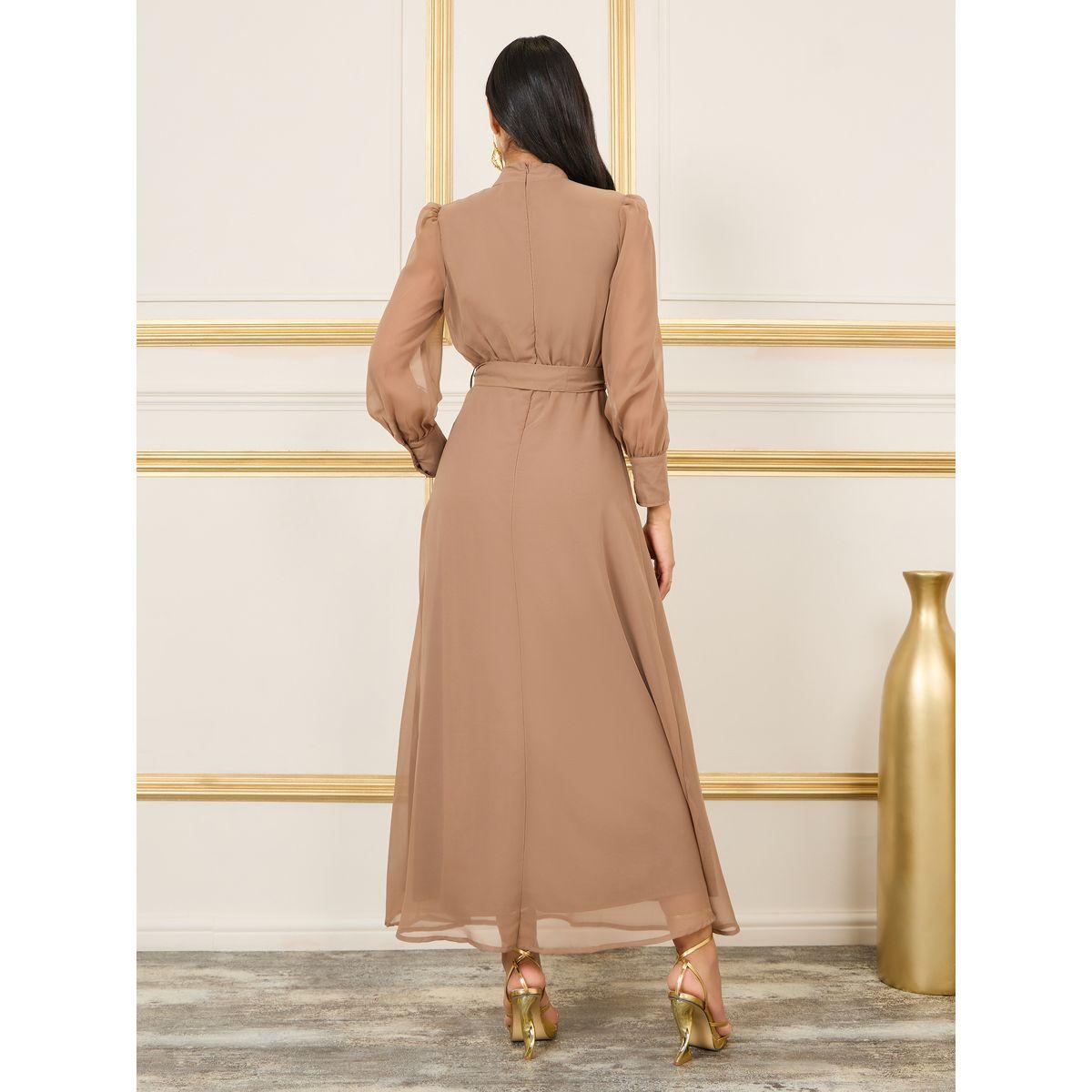 Styli Solid High Neck Self Tie Up A-Line Maxi Dress-women-clothing-dresses-image-4