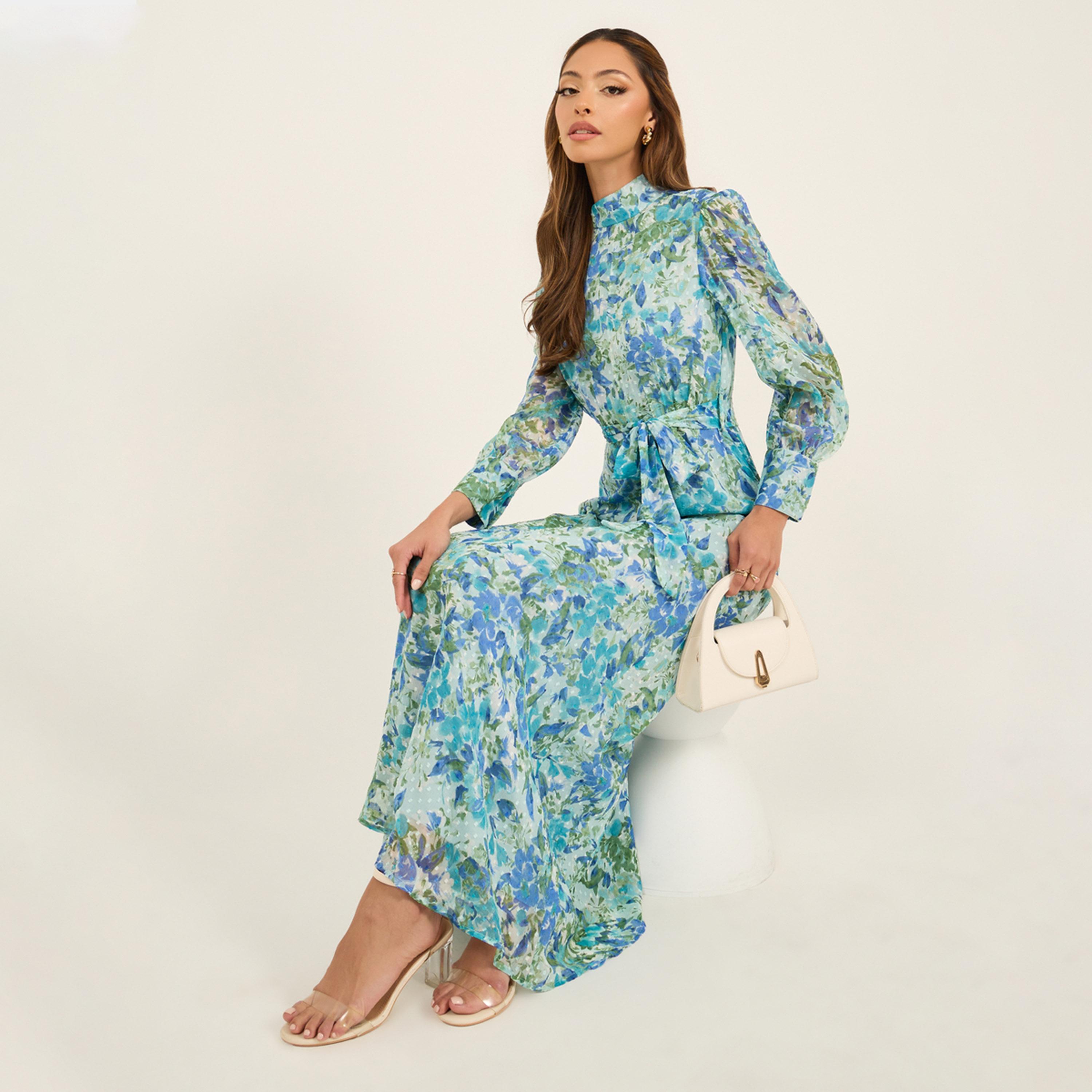 Styli Maxi Plain Long Sleeve A-Line Dress-women-clothing-dresses-image-1