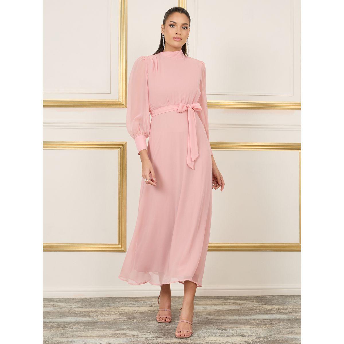 فستان طويل سادة بياقة عالية واربطة-women-clothing-dresses-image-4