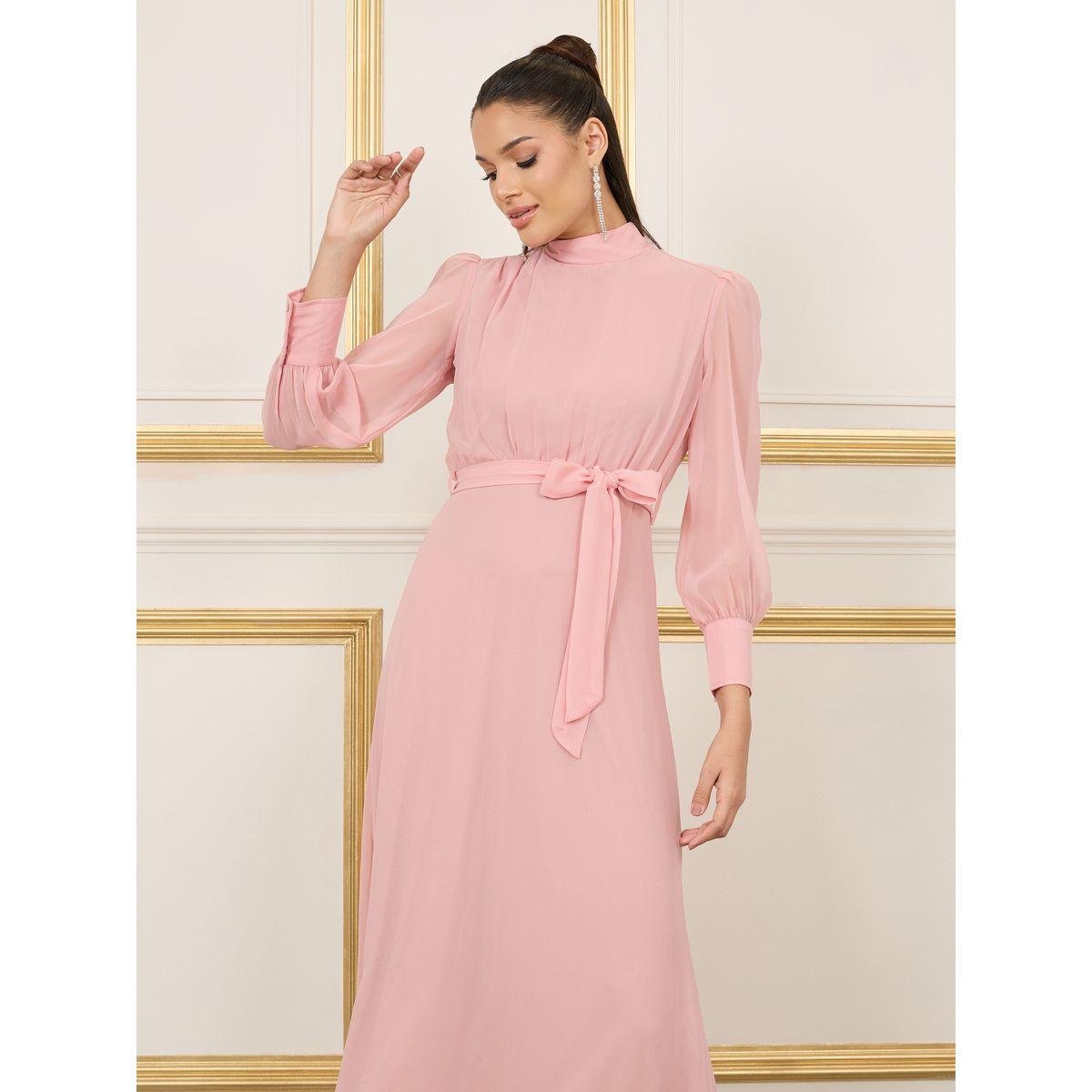 Styli Solid High Neck Self Tie Up A-Line Maxi Dress-women-clothing-dresses-image-2