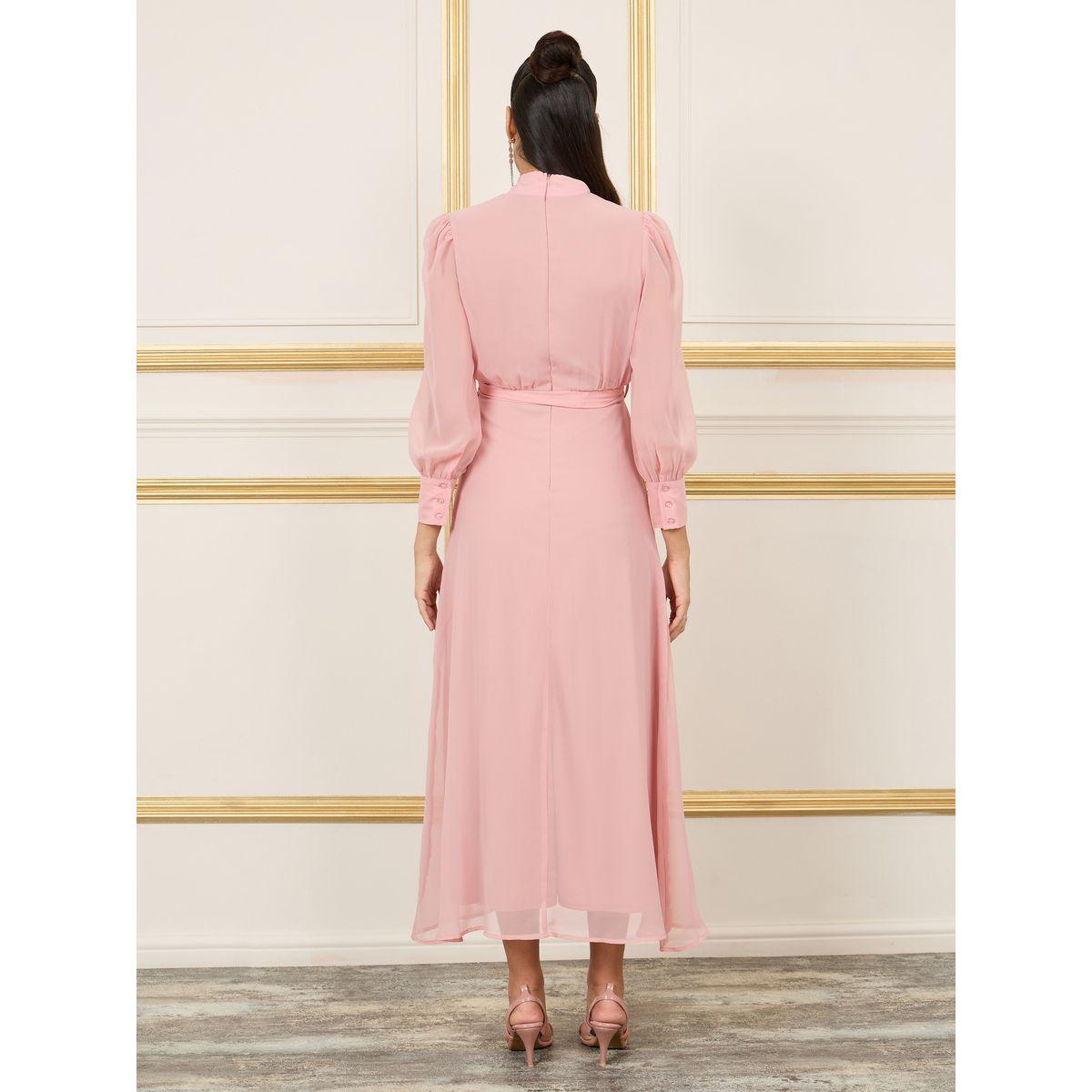 Styli Solid High Neck Self Tie Up A-Line Maxi Dress-women-clothing-dresses-image-4