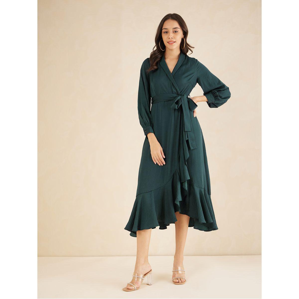 فستان ميدي بنمط لف وياقة شال-women-clothing-dresses-image-1