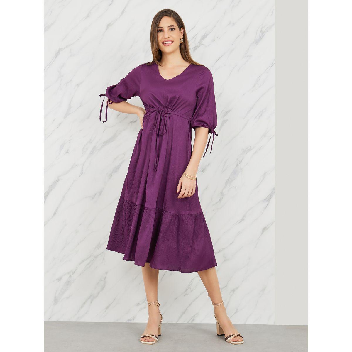 Styli Crepe Tie Up Sleeves Elasticated Waist Tiered Midi Dress-women-clothing-dresses-image-1