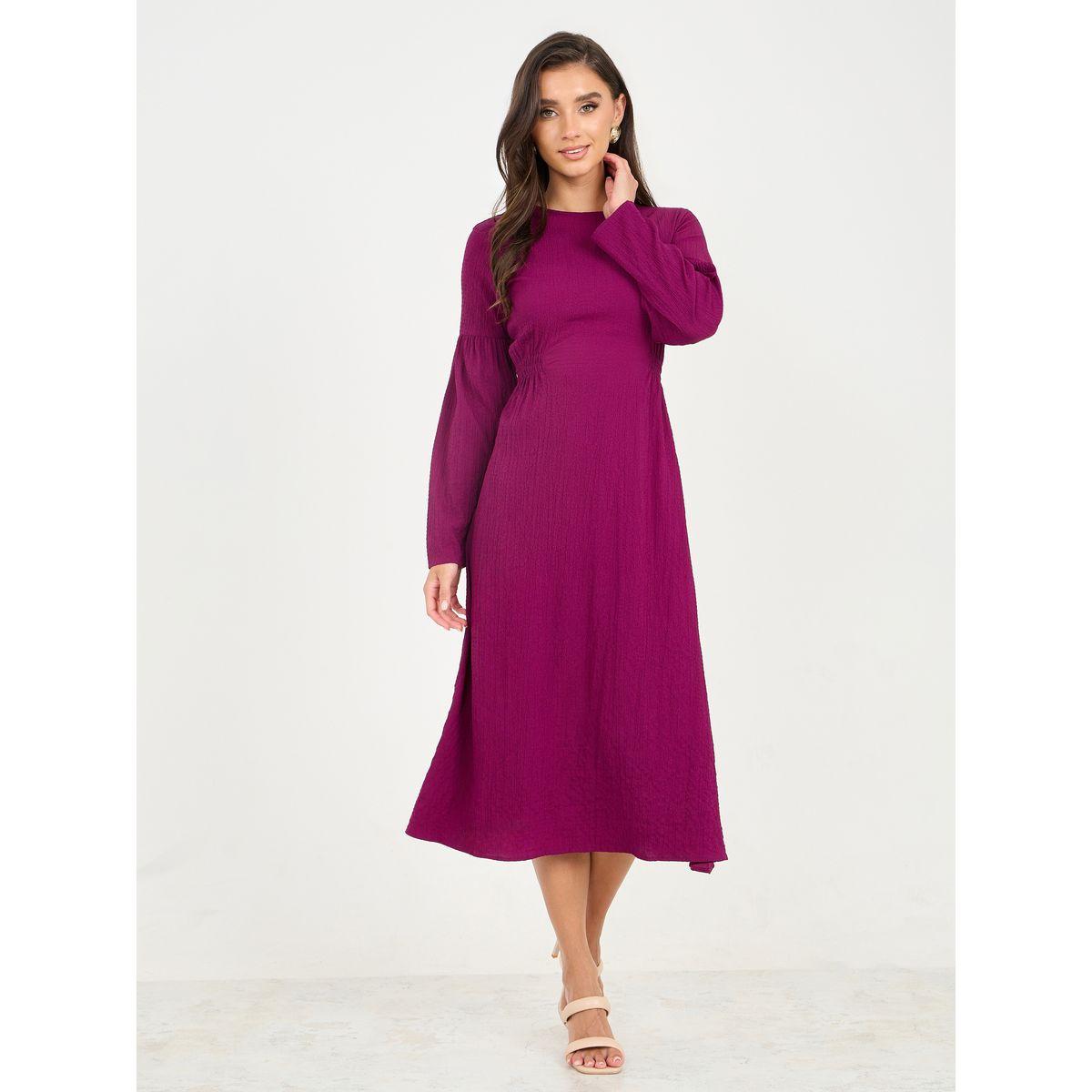 Styli Textured Side Ruched Detail A-Line Midi Dress-women-clothing-dresses-image-1