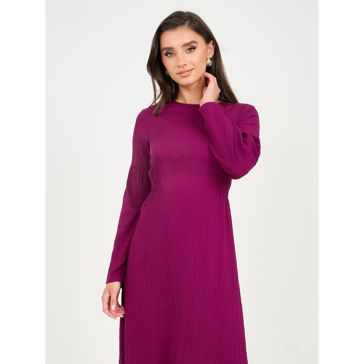 Styli Textured Side Ruched Detail A-Line Midi Dress-women-clothing-dresses-image-2