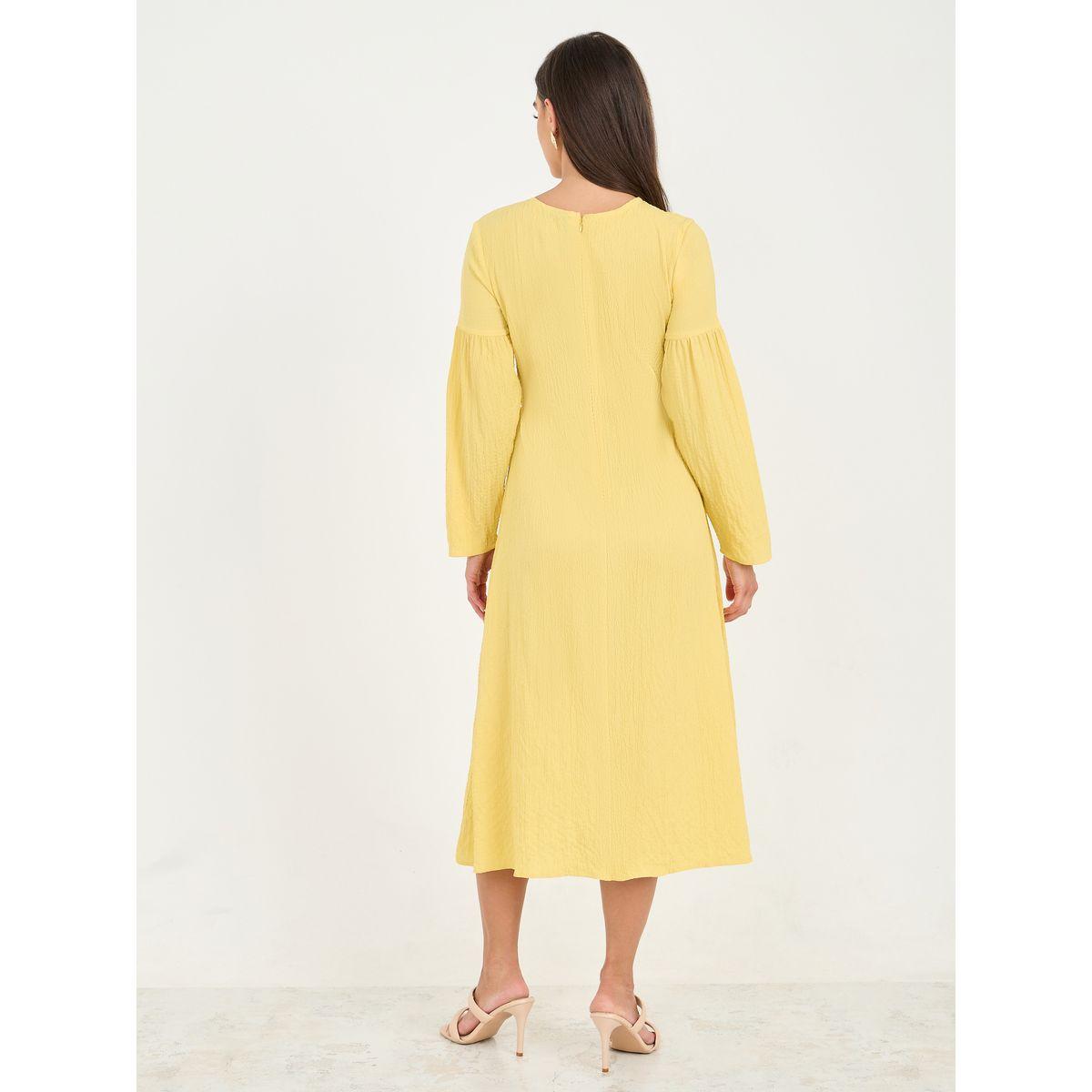 Styli Textured Side Ruched Detail A-Line Midi Dress-women-clothing-dresses-image-4
