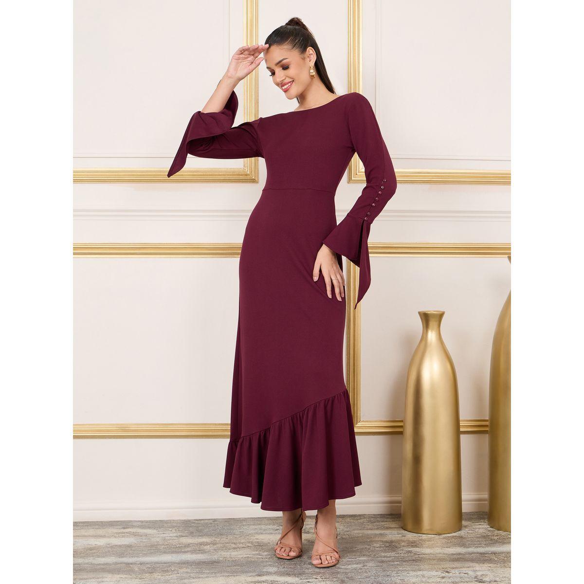 فستان طويل بتفاصيل كشكش وازرار-women-clothing-dresses-image-1
