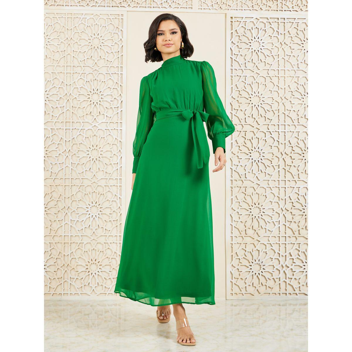 Styli Solid High Neck A-Line Maxi Dress-women-clothing-dresses-image-1