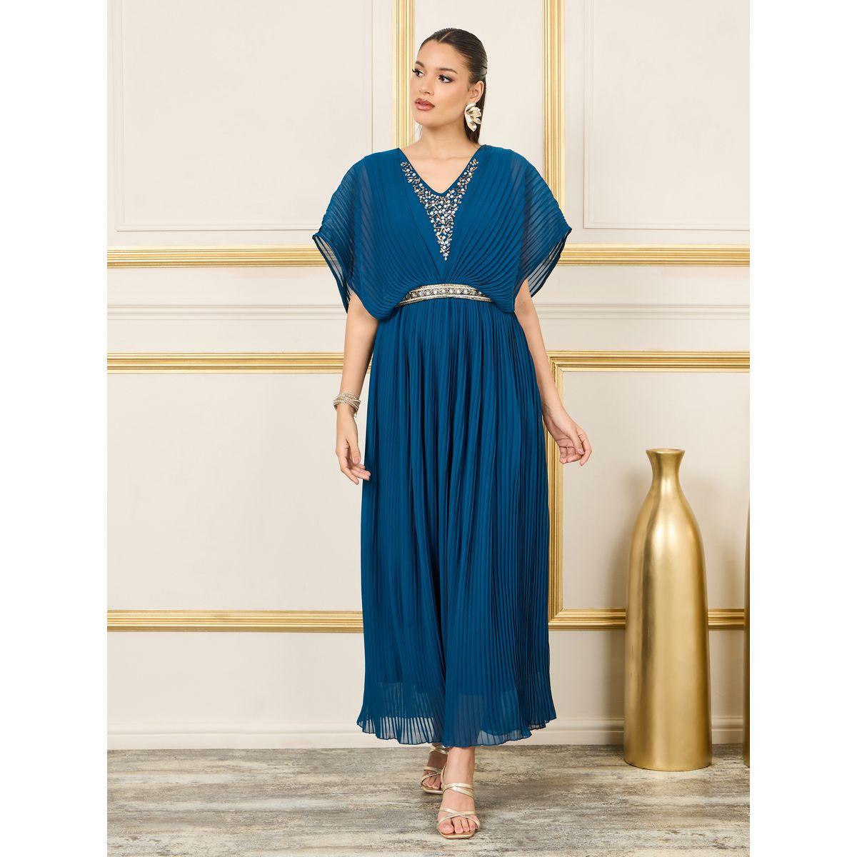 فستان طويل بكسرات وترتر واكمام كيب-women-clothing-dresses-image-1