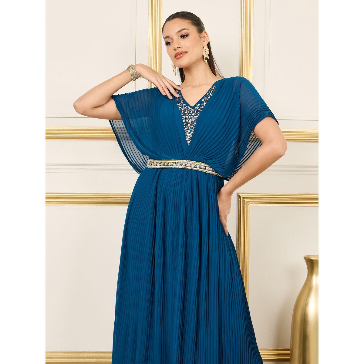 فستان طويل بكسرات وترتر واكمام كيب-women-clothing-dresses-image-2