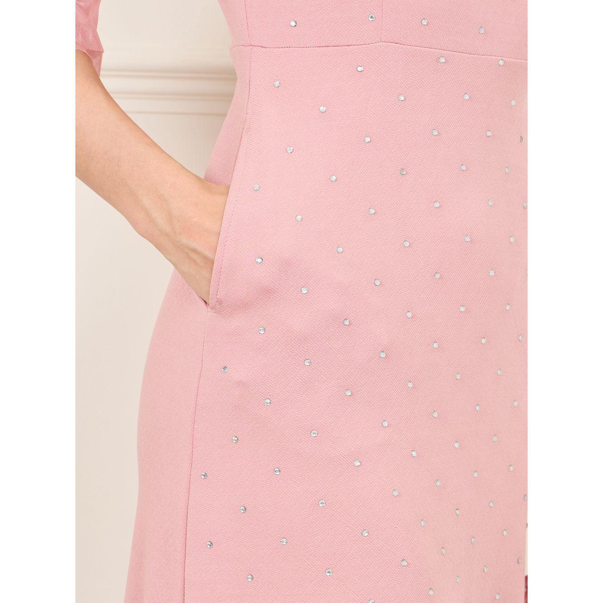 Styli Embellished Mesh Trim Shift Midi Dress with Pocket Detail-women-clothing-dresses-image-3