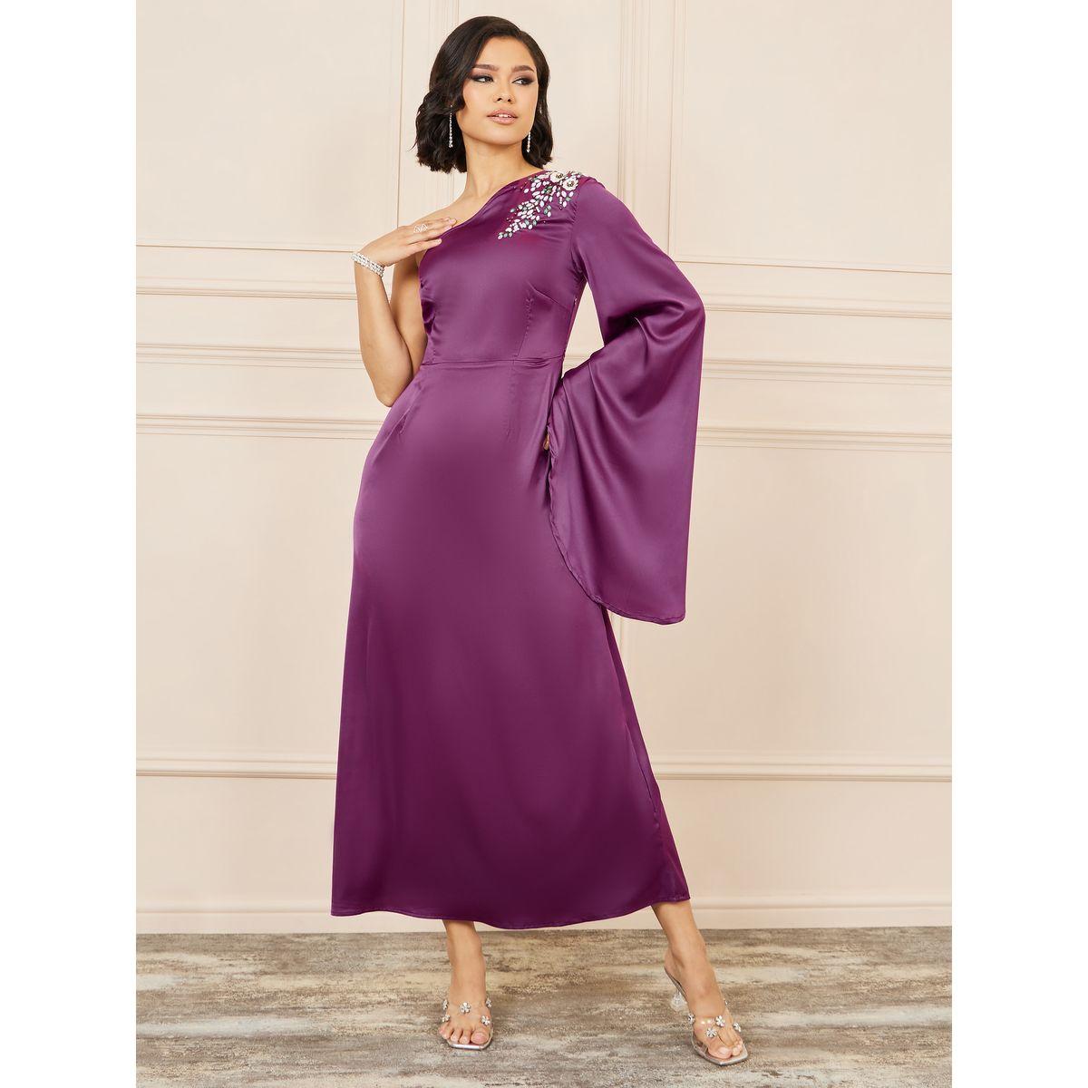 Styli Embellished One Shoulder Neck Sleeves A-Line Maxi Dress-women-clothing-dresses-image-1