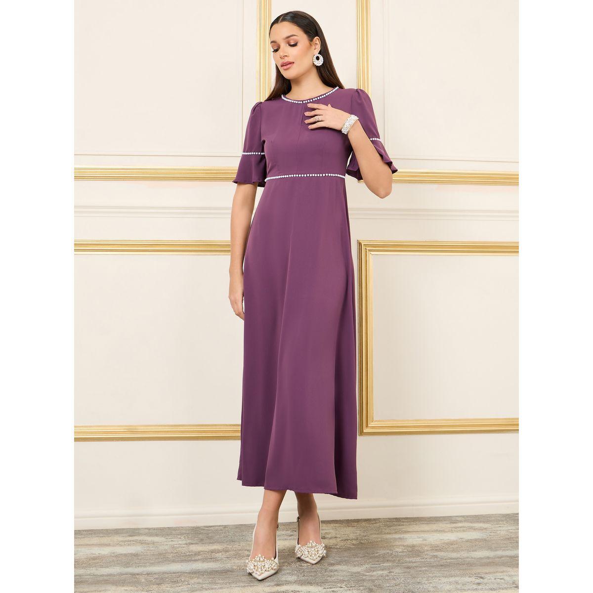 فستان طويل مزين بلؤلؤ مع اكمام قصيرة-women-clothing-dresses-image-1