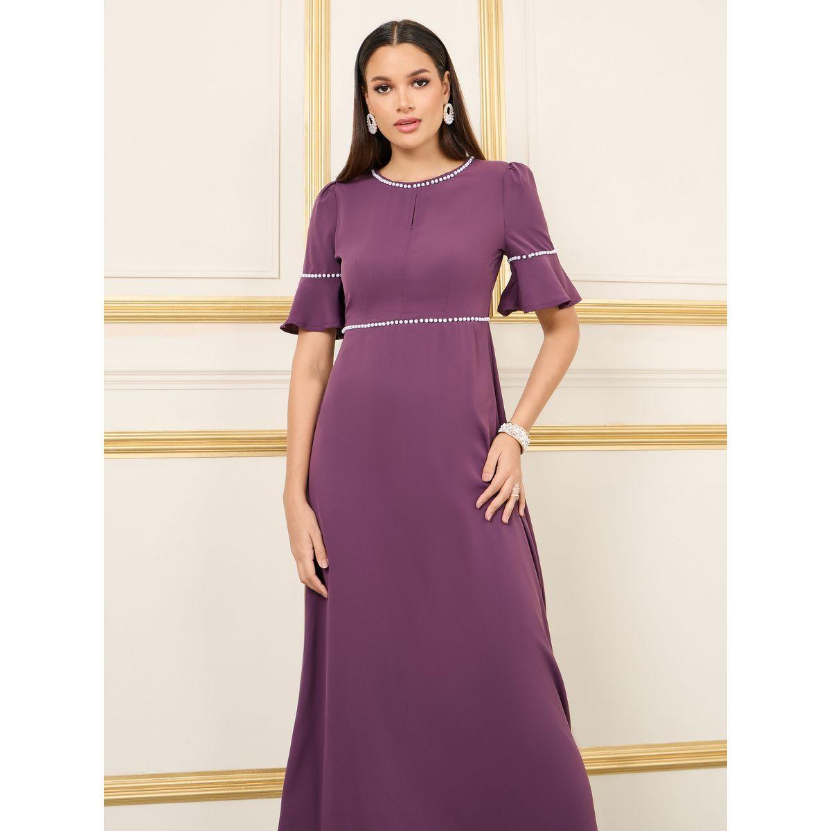 فستان طويل مزين بلؤلؤ مع اكمام قصيرة-women-clothing-dresses-image-2