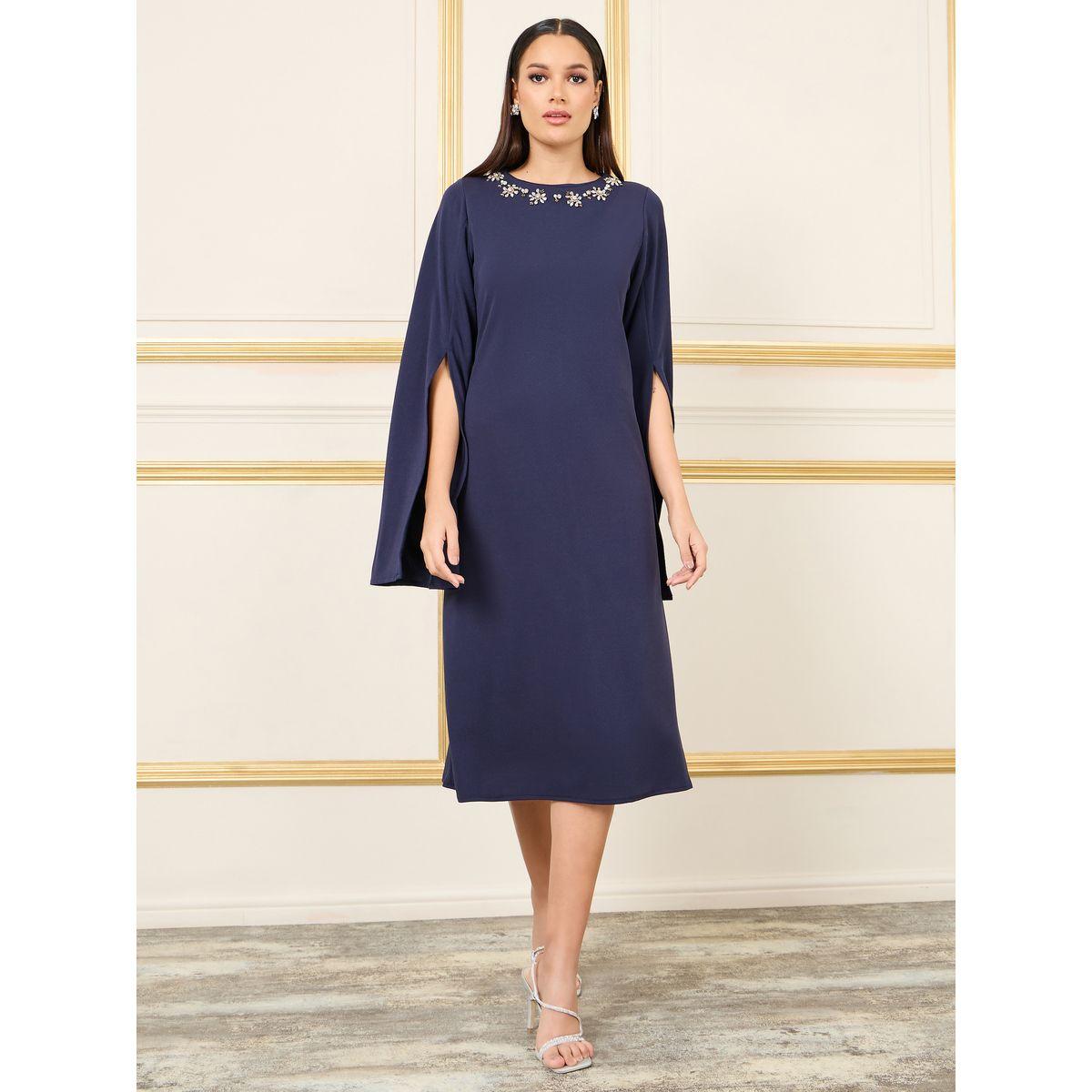 فستان ميدي باكمام طويلة بتفاصيل شق-women-clothing-dresses-image-1