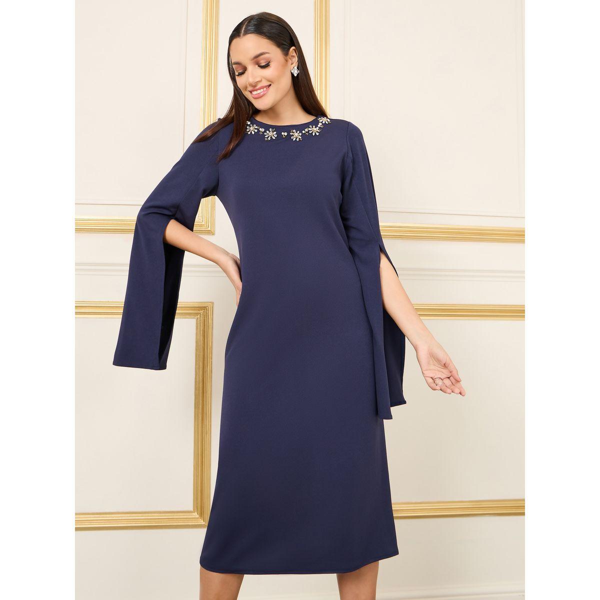 فستان ميدي باكمام طويلة بتفاصيل شق-women-clothing-dresses-image-2