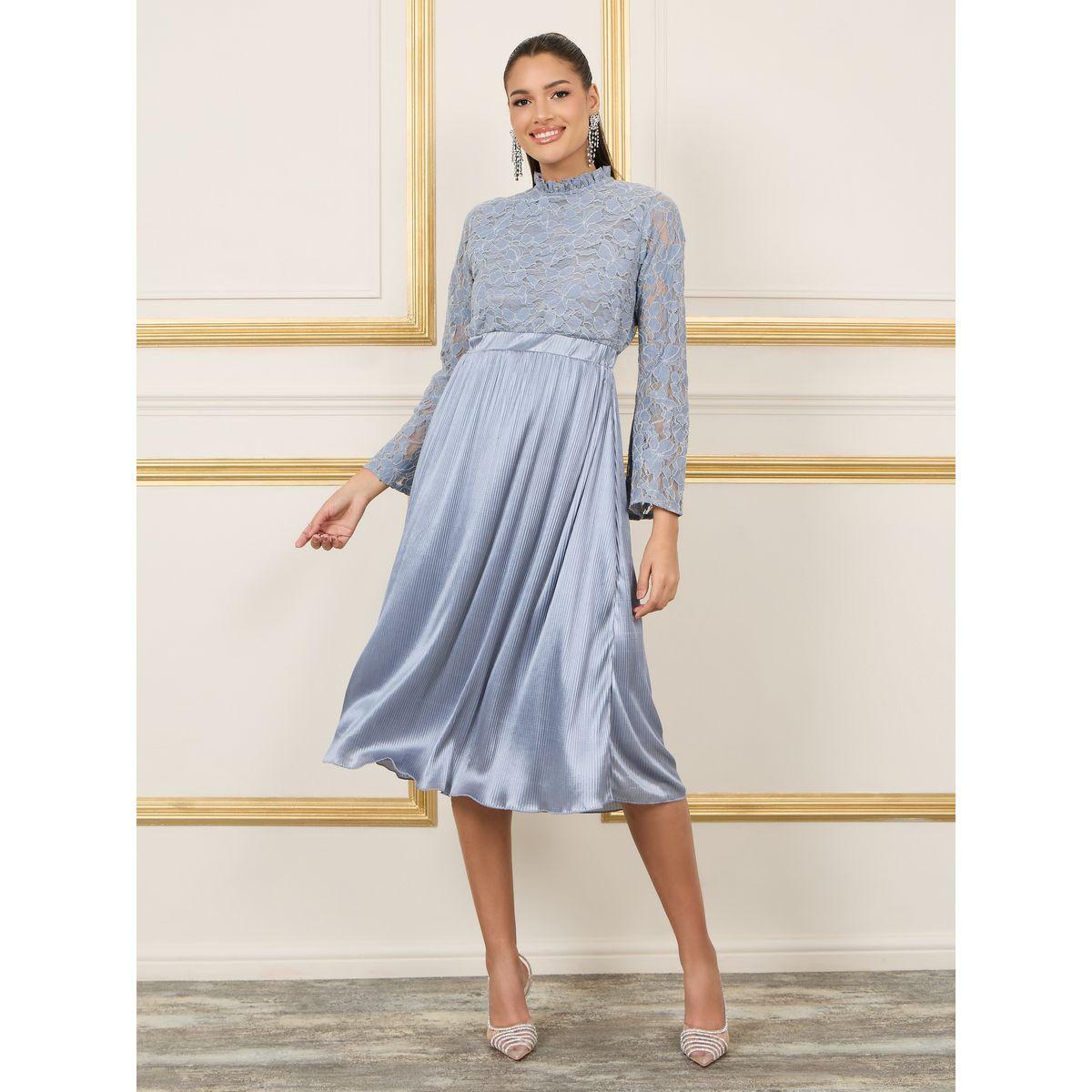 فستان ميدي ساتان بكسرات مع دانتيل-women-clothing-dresses-image-1