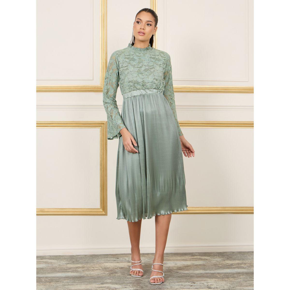 فستان ميدي ساتان بكسرات مع دانتيل-women-clothing-dresses-image-1