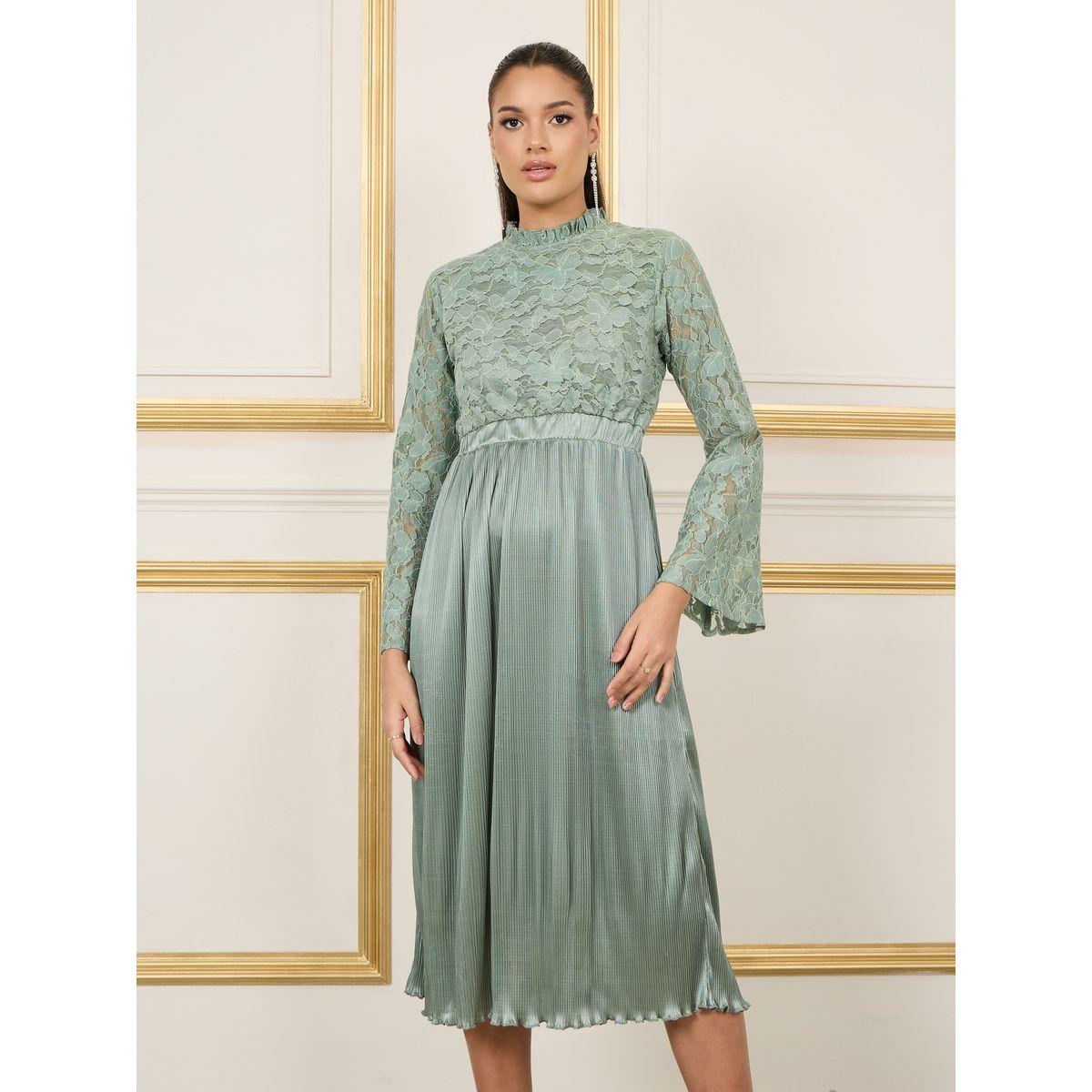 Styli Lace Detail Satin Pleated Hem A-Line Midi Dress-women-clothing-dresses-image-2