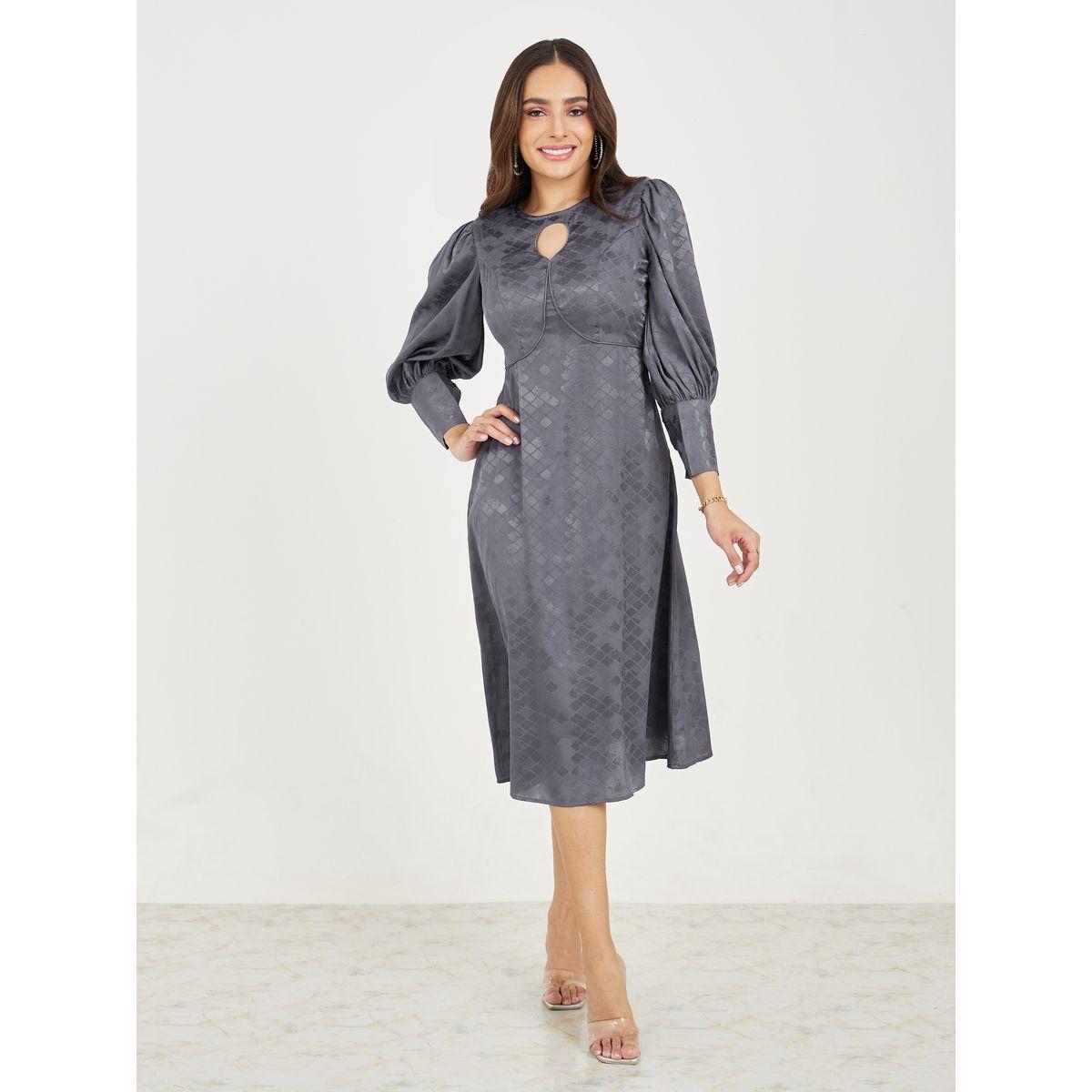 Styli Jacquard Keyhole Neck A-Line Midi Dress-women-clothing-dresses-image-1