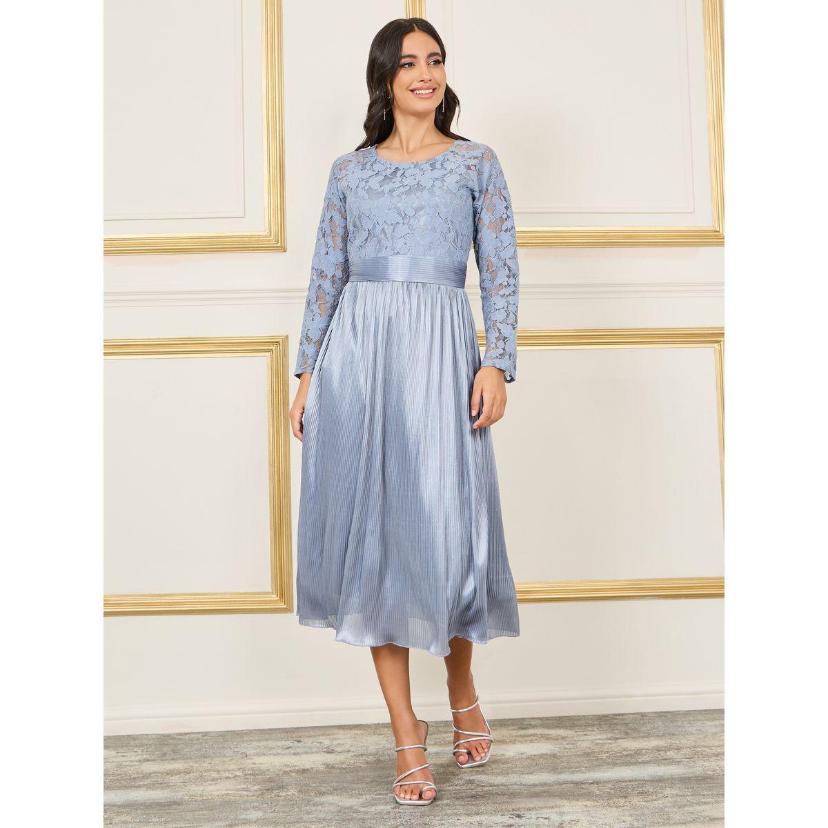 فستان ميدي بتفصيل ستيلي من الدانتيل من ساتان بليس A-line-women-clothing-dresses-image-1