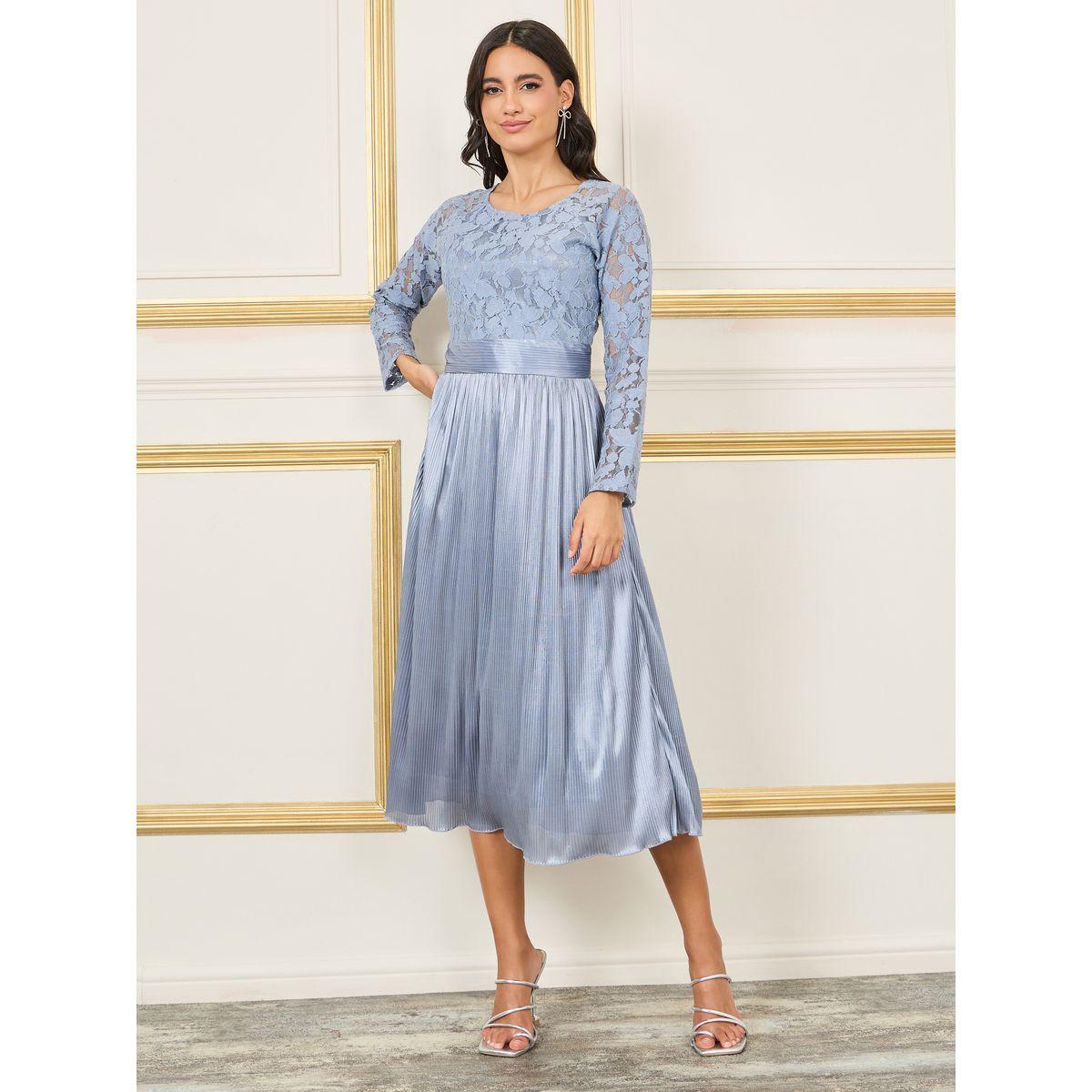 فستان ميدي بتفصيل ستيلي من الدانتيل من ساتان بليس A-line-women-clothing-dresses-image-2
