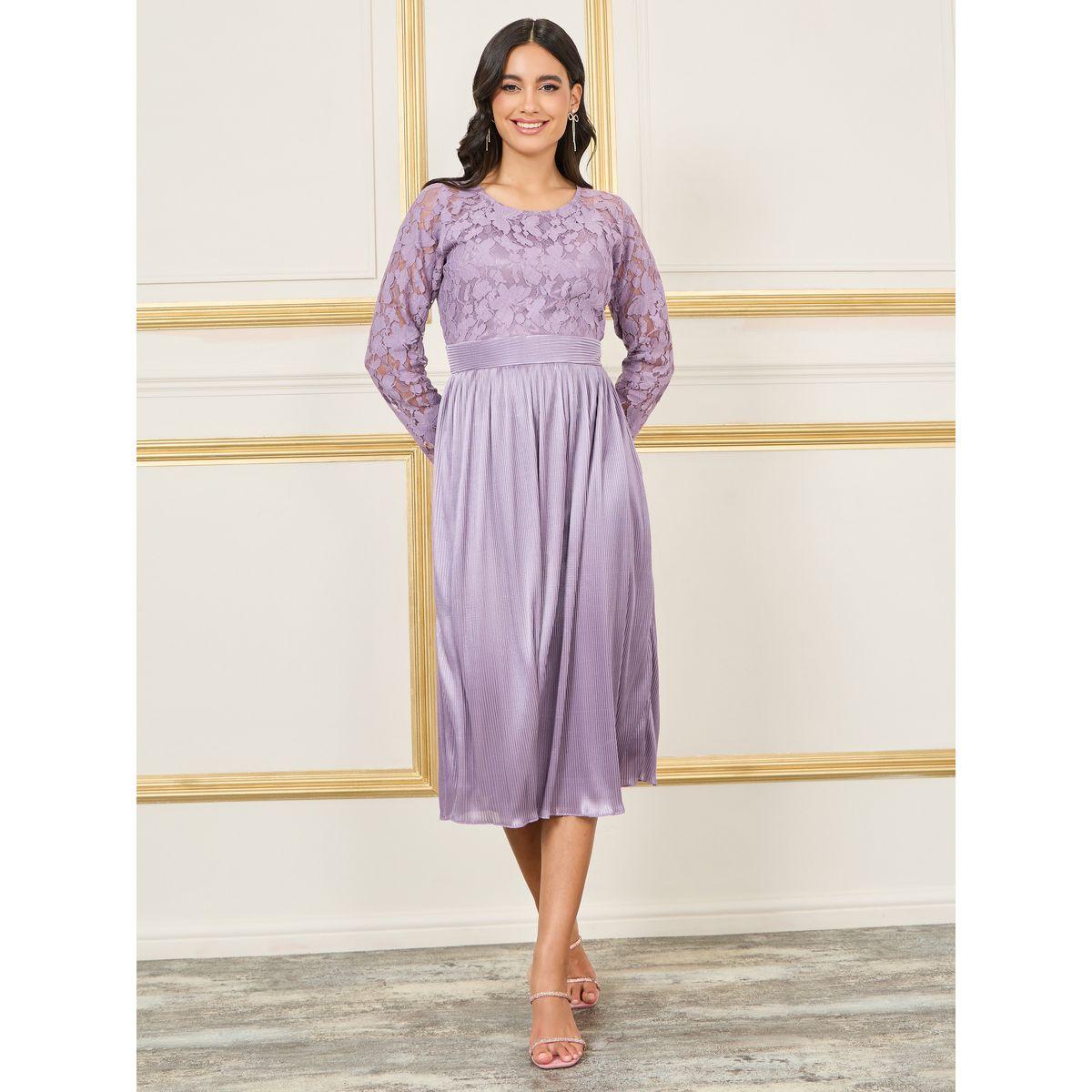 فستان ميدي بتفصيل ستيلي من الدانتيل من ساتان بليس A-line-women-clothing-dresses-image-2