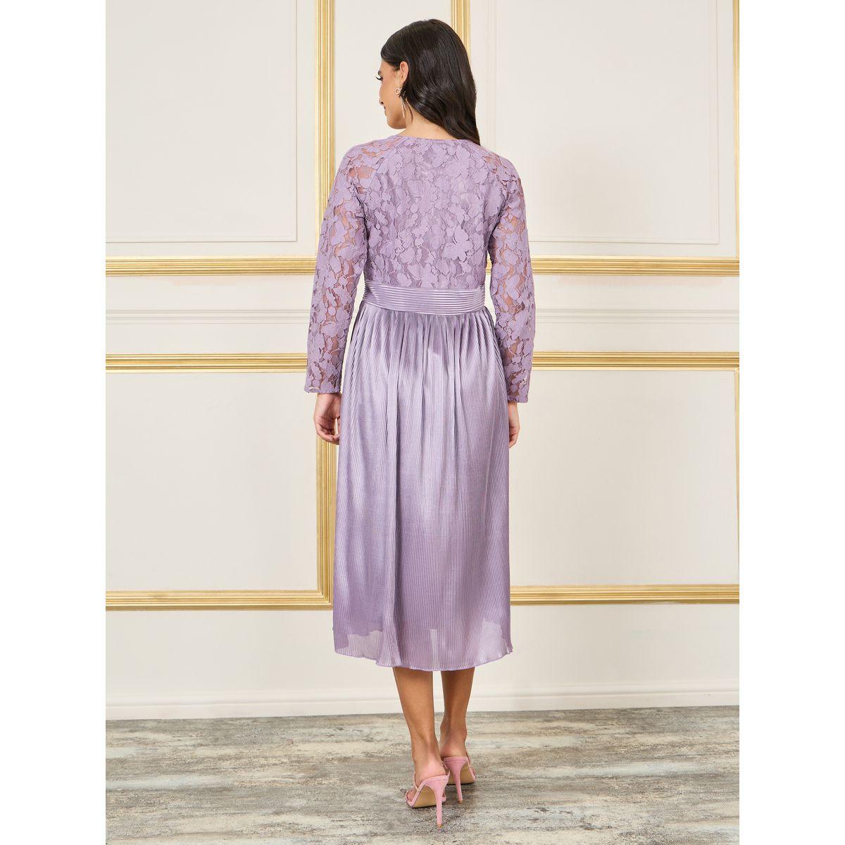 فستان ميدي بتفصيل ستيلي من الدانتيل من ساتان بليس A-line-women-clothing-dresses-image-4