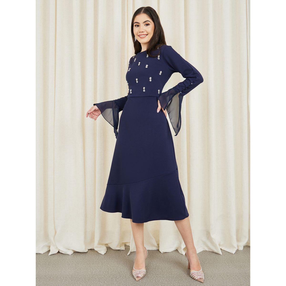 فستان ميدي بنمط حورية البحر واكمام فلوت-women-clothing-dresses-image-1