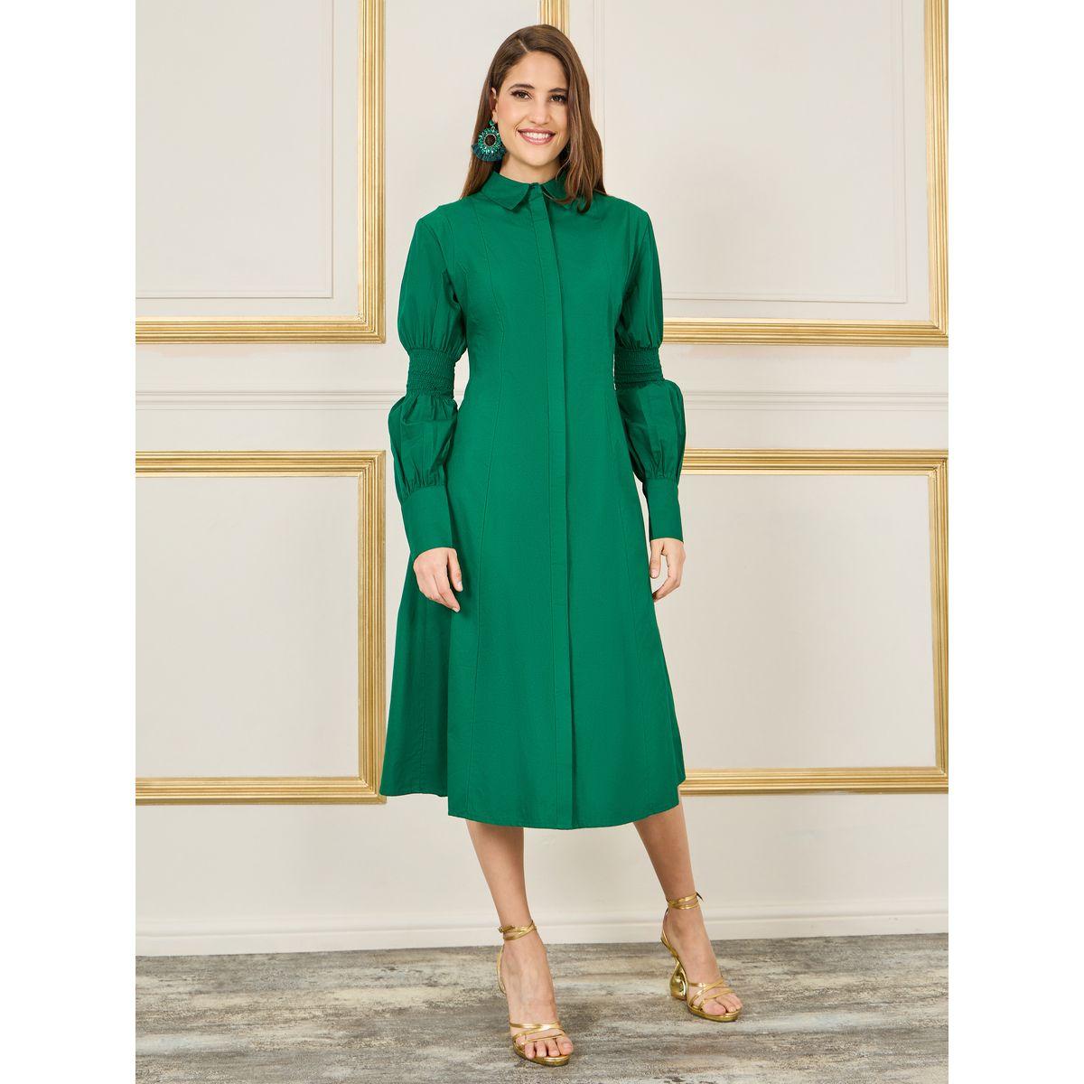 Styli Smocked Detail Sleeves A-Line Midi Shirt Dress-women-clothing-dresses-image-1