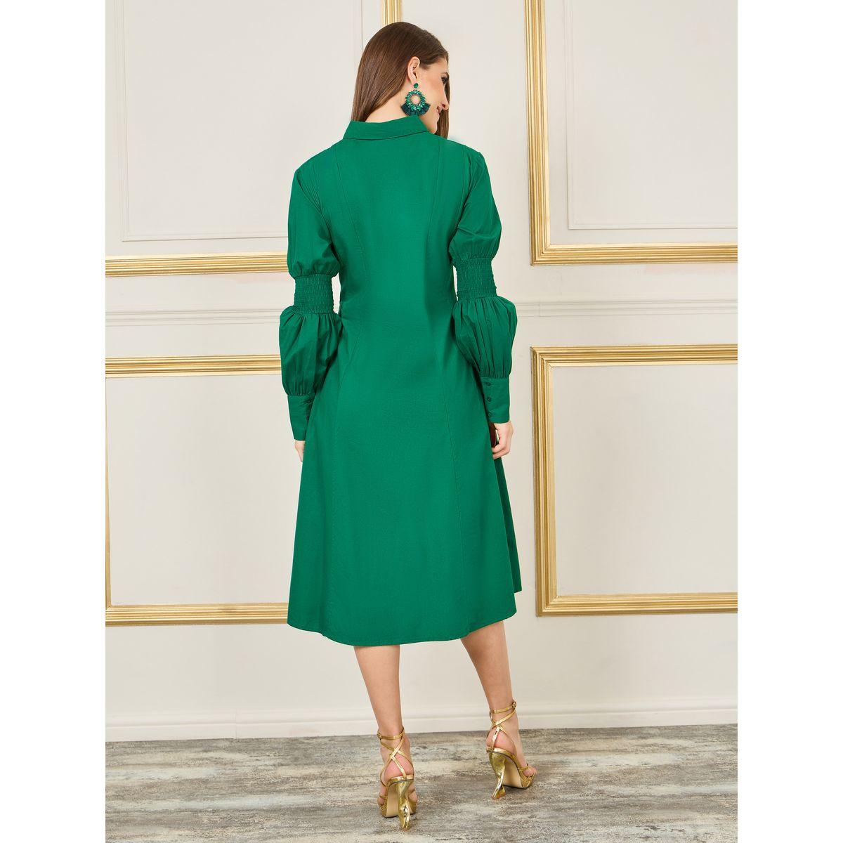Styli Smocked Detail Sleeves A-Line Midi Shirt Dress-women-clothing-dresses-image-4