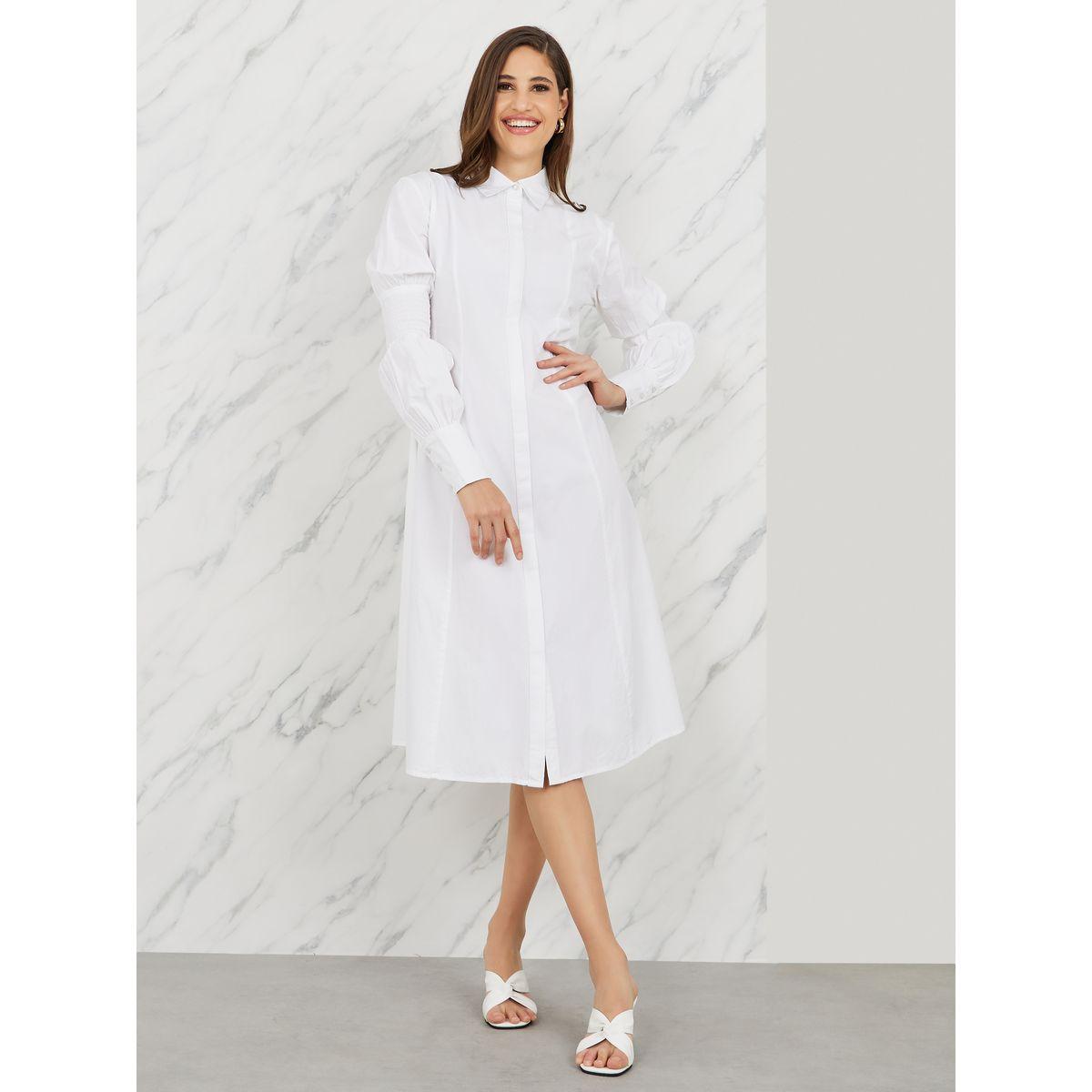 Styli Smocked Detail Sleeves A-Line Midi Shirt Dress-women-clothing-dresses-image-1