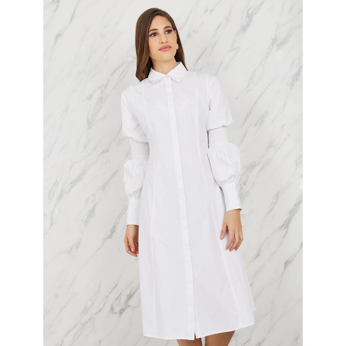 Styli Smocked Detail Sleeves A-Line Midi Shirt Dress-women-clothing-dresses-image-2