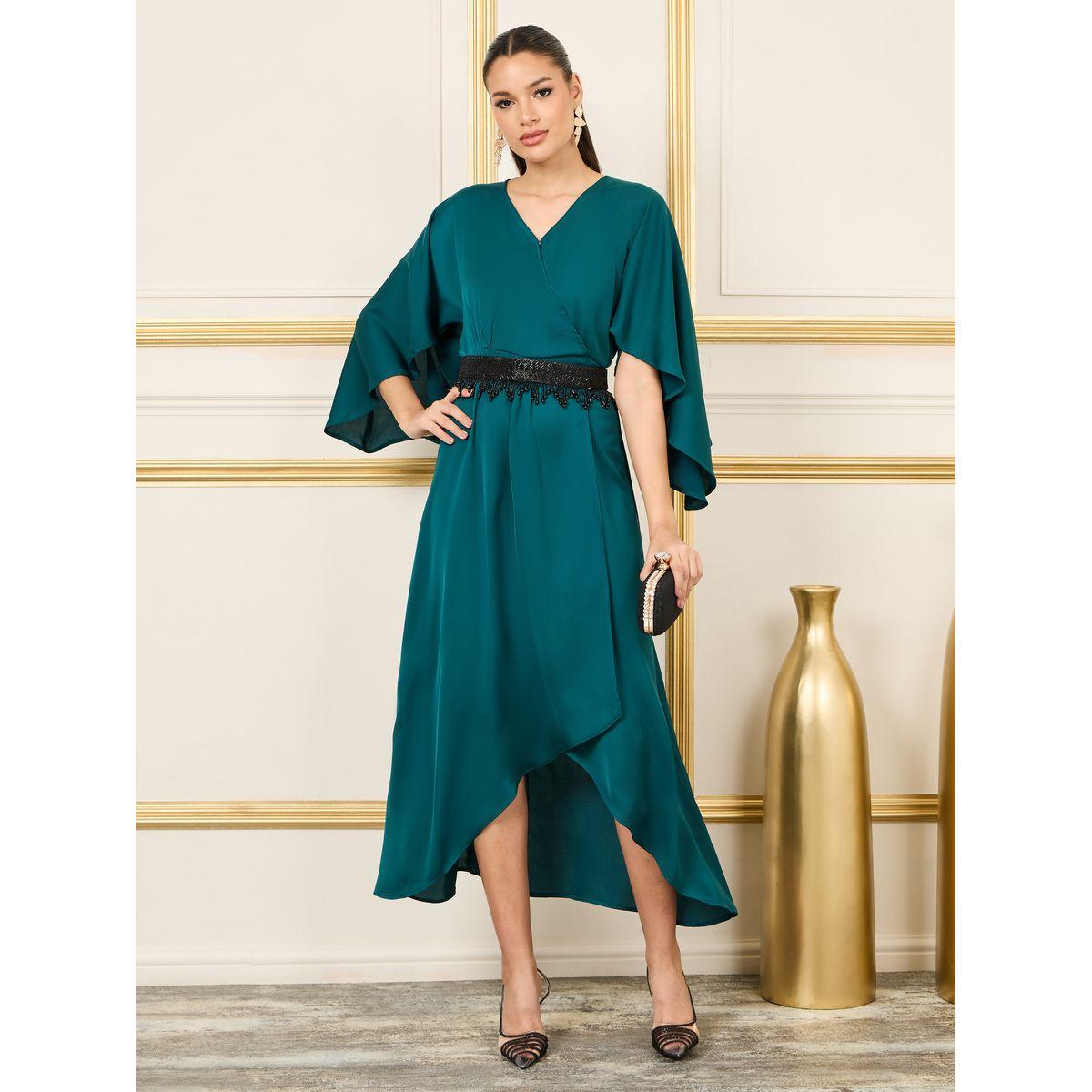 Styli Satin Asymmetric Hem Midi Dress with Beaded Belt-women-clothing-dresses-image-1