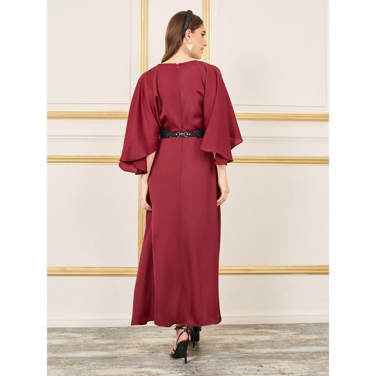 Styli Satin Asymmetric Hem Midi Dress with Beaded Belt-women-clothing-dresses-image-4