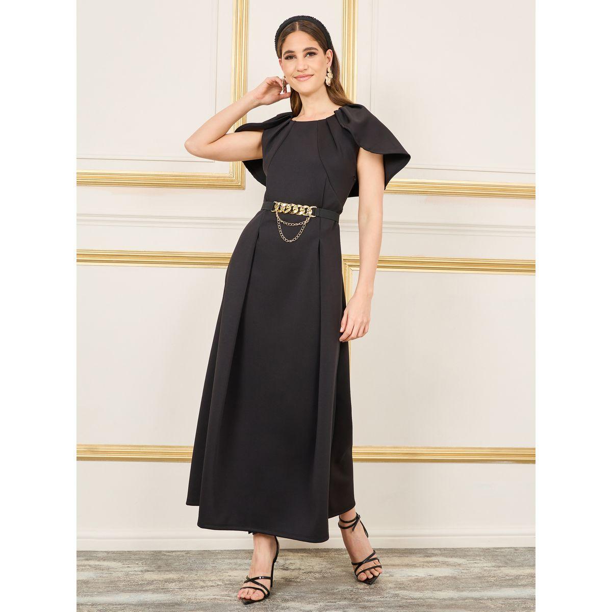فستان ميدي بكسرات واكمام كيب مع حزام-women-clothing-dresses-image-1
