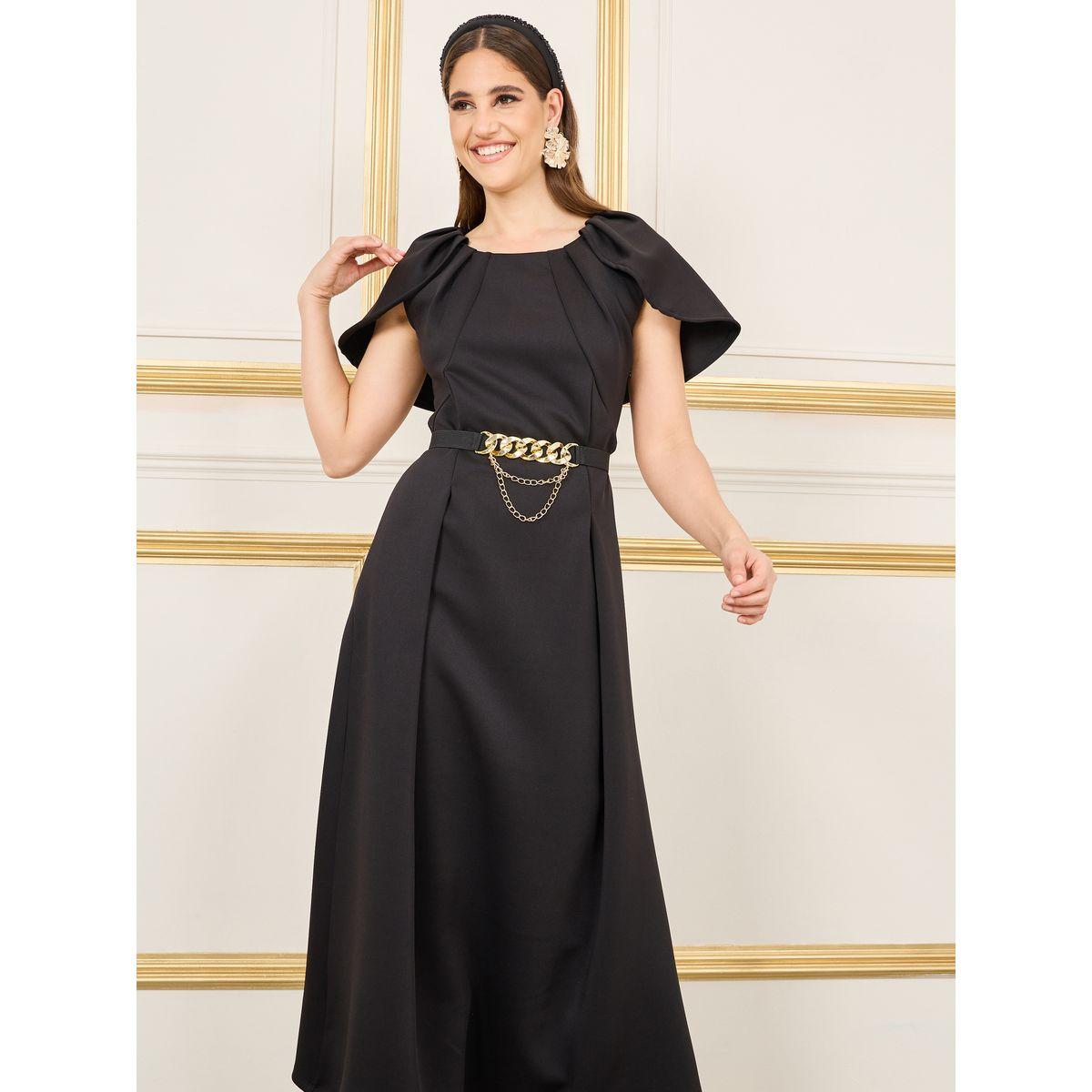 Styli Pleated Cape Sleeves Chain Accent Belted A-Line Midi Dress-women-clothing-dresses-image-2