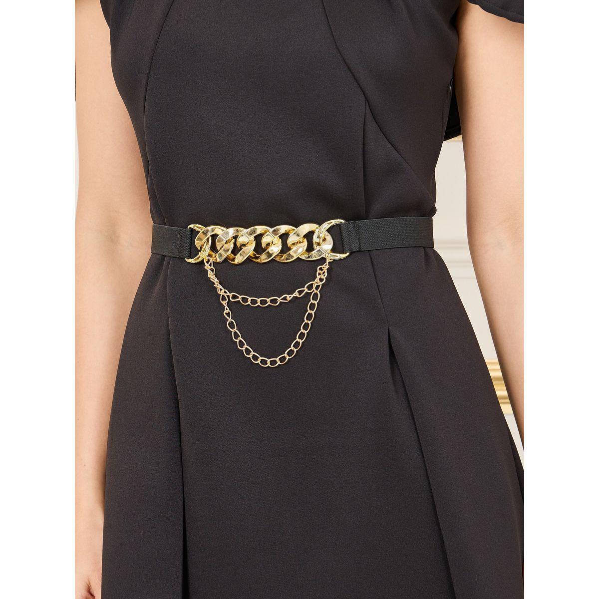 Styli Pleated Cape Sleeves Chain Accent Belted A-Line Midi Dress-women-clothing-dresses-image-3